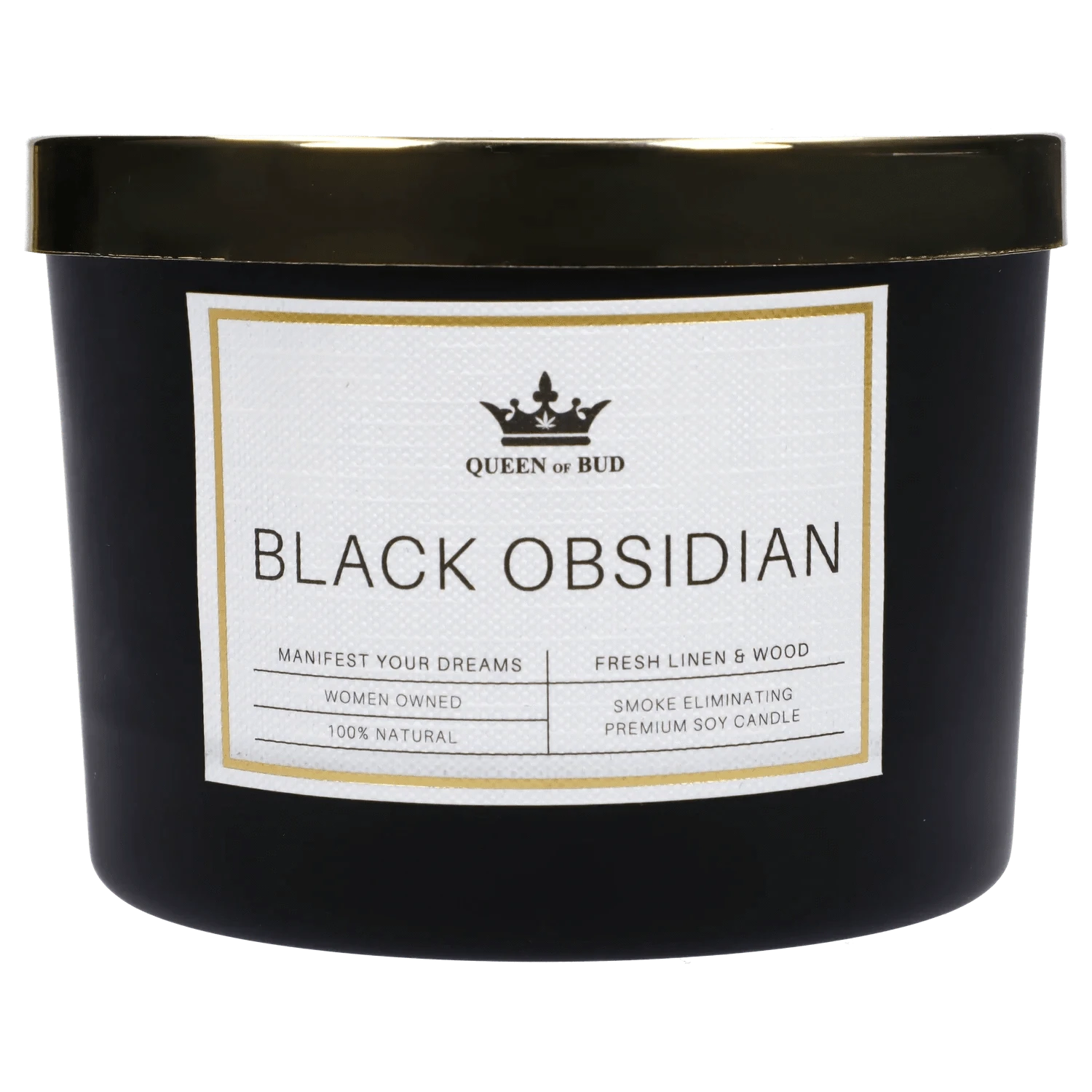 Close-up front view of the Queen of Bud Candle Black Obsidian showing its black jar, gold-rimmed white label and crown logo.