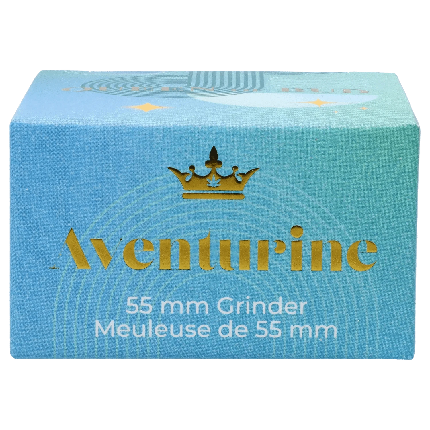 Close-up front view of the blue Aventurine QOB 2-Piece Grinder - 55mm box showing gold logo and white "55 mm Grinder" text.