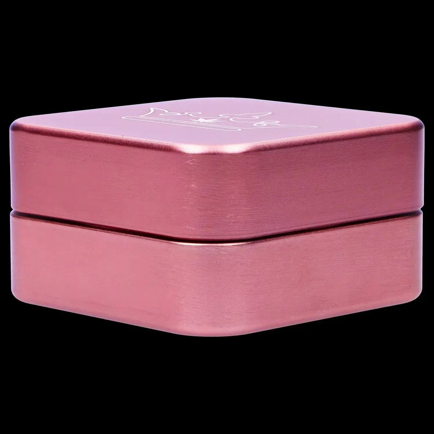 Close angled view of the pink QOB 2-Piece Grinder - 55mm showing the brushed metal finish and engraved top against a black background