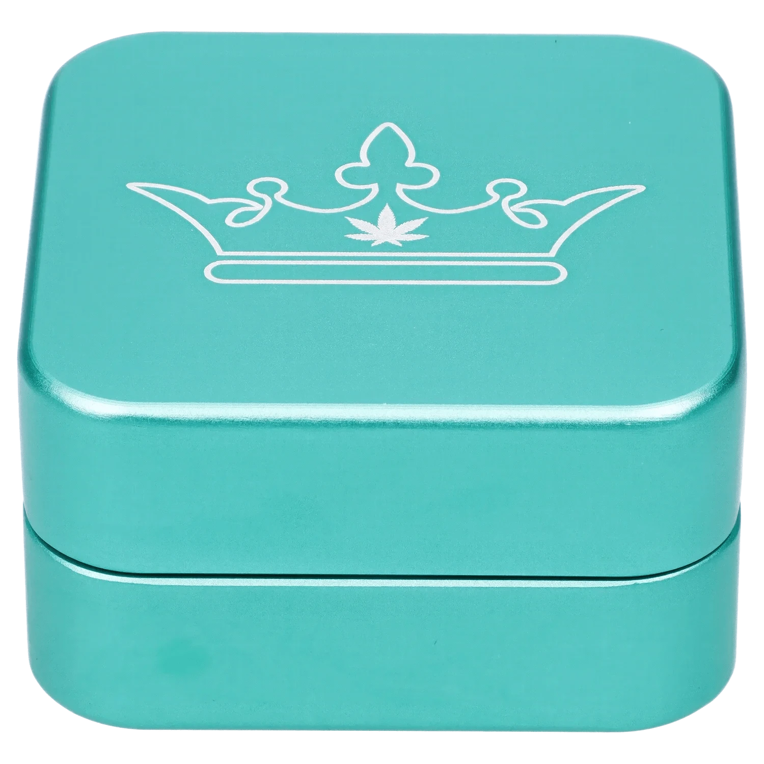 Top-down close-up of the turquoise QOB 2-Piece Grinder - 55mm showing its squared lid with a white crown and small leaf motif.