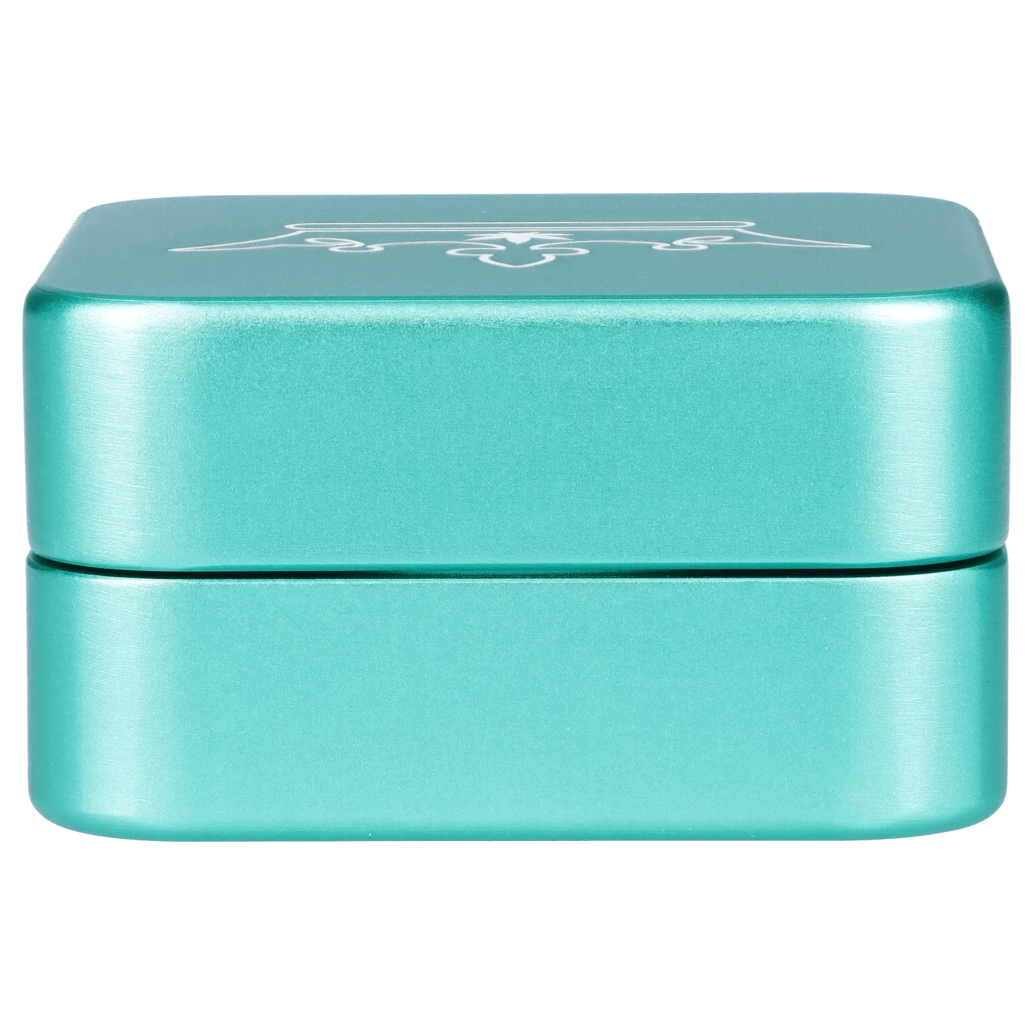 Close-up front view of the turquoise QOB 2-Piece Grinder - 55mm showing the squared top with a white decorative motif and a slim seam between the two pieces