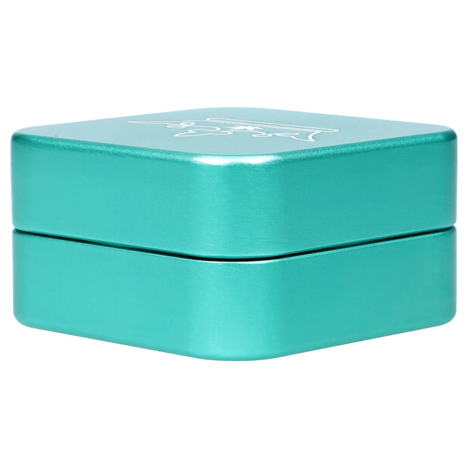 Close-up angled view of the teal QOB 2-Piece Grinder - 55mm showing its rounded square lid and subtle metallic sheen.