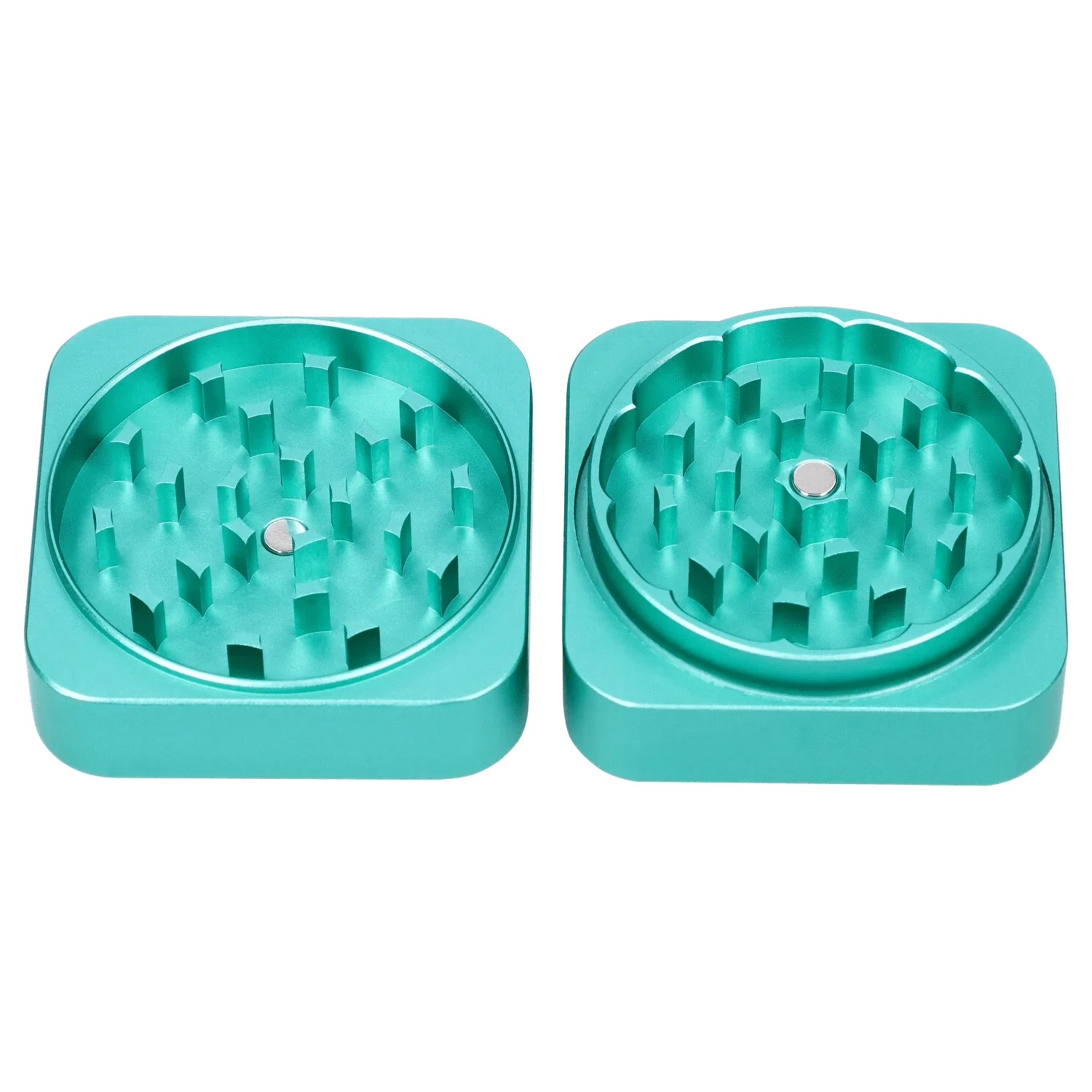 Top-down view of the opened QOB 2-Piece Grinder - 55mm showing two teal aluminum halves with staggered square teeth and central magnets.