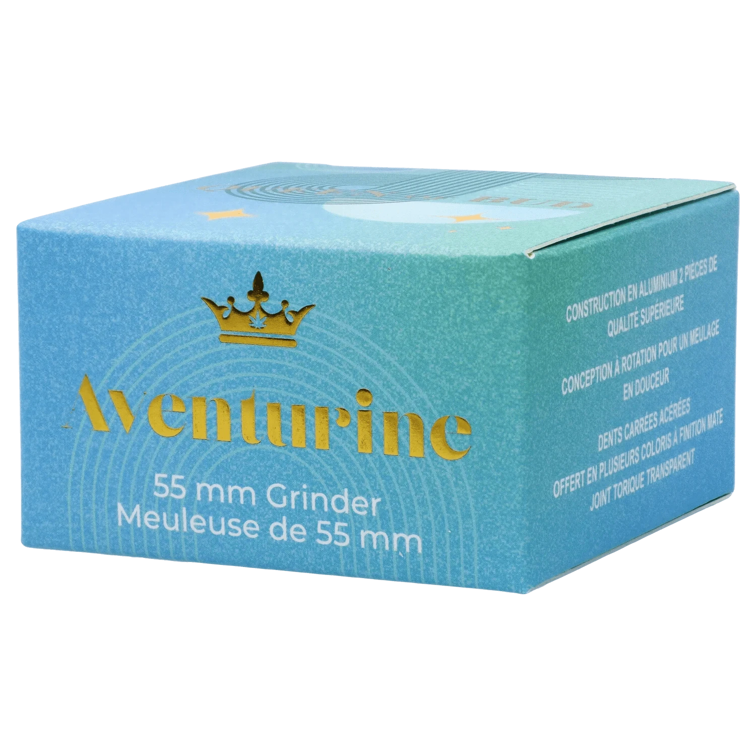Three-quarter view of the turquoise Aventurine QOB 2-Piece Grinder - 55mm box showing gold foil logo and white product text.