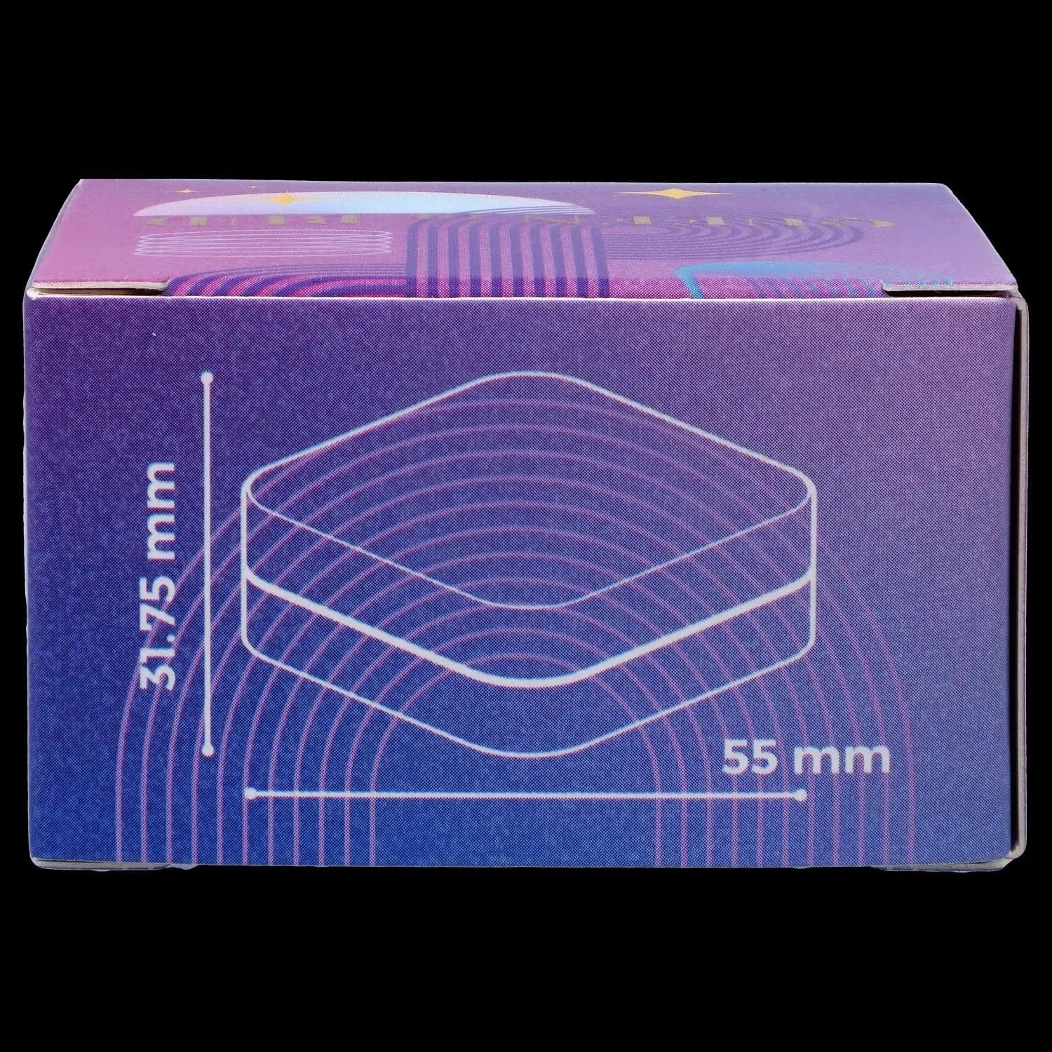 Close-up front view of the purple QOB 2-Piece Grinder - 55mm box showing white line art of the grinder and dimensional markings.