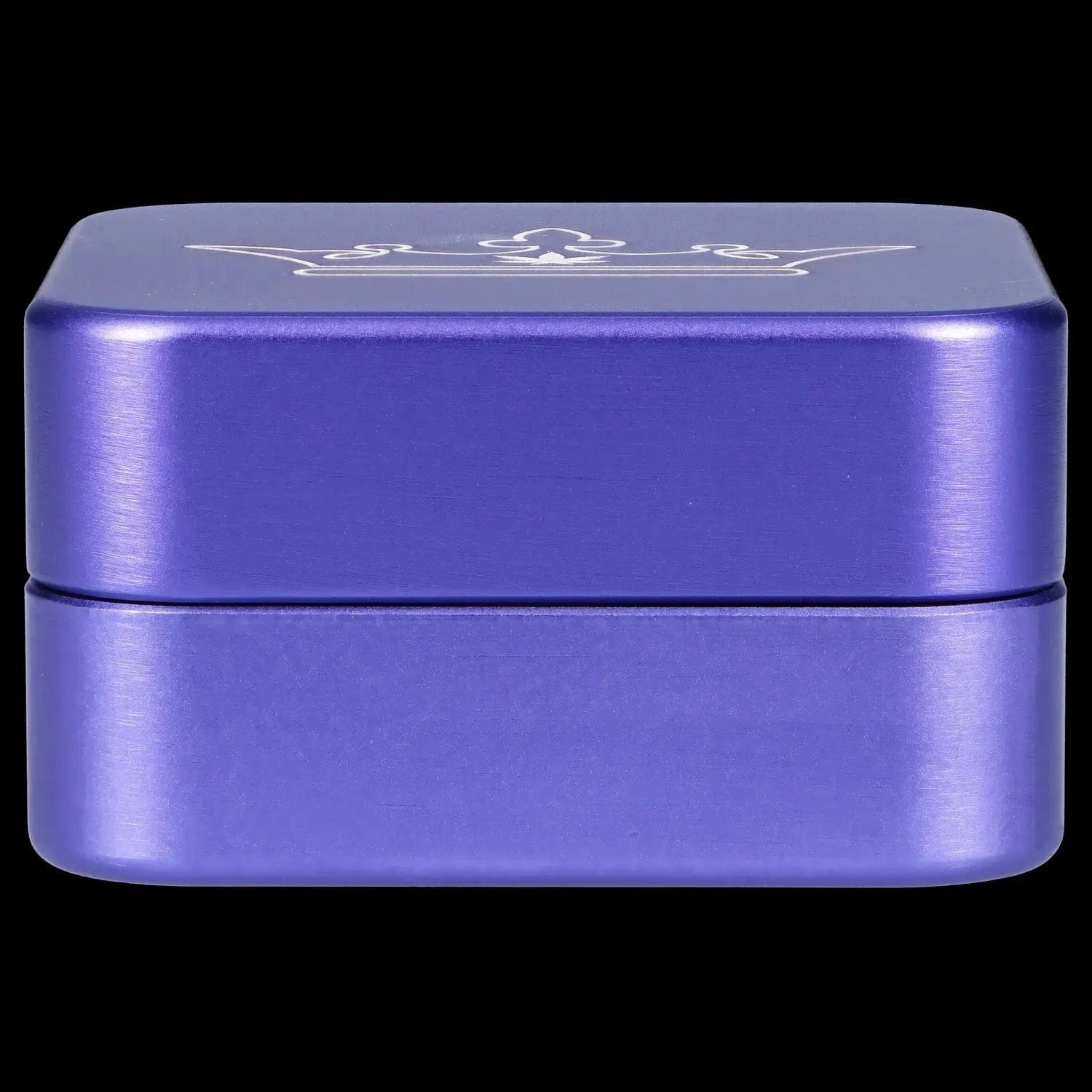Close-up front view of the metallic purple QOB 2-Piece Grinder - 55mm showing its squared top and subtle brushed texture.