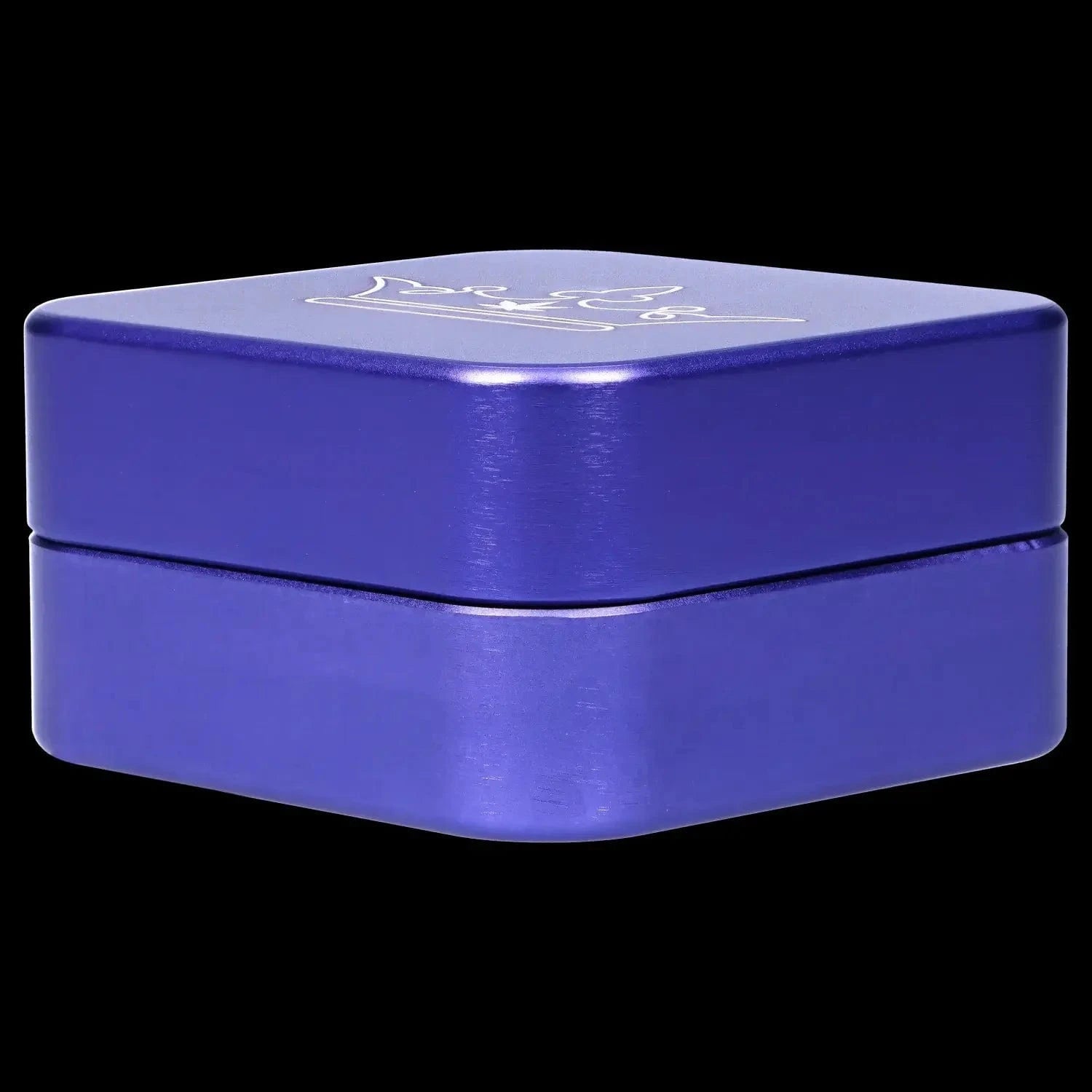 Angled close-up of the purple QOB 2-Piece Grinder - 55mm showing its brushed metal finish, rounded corners, and top logo.