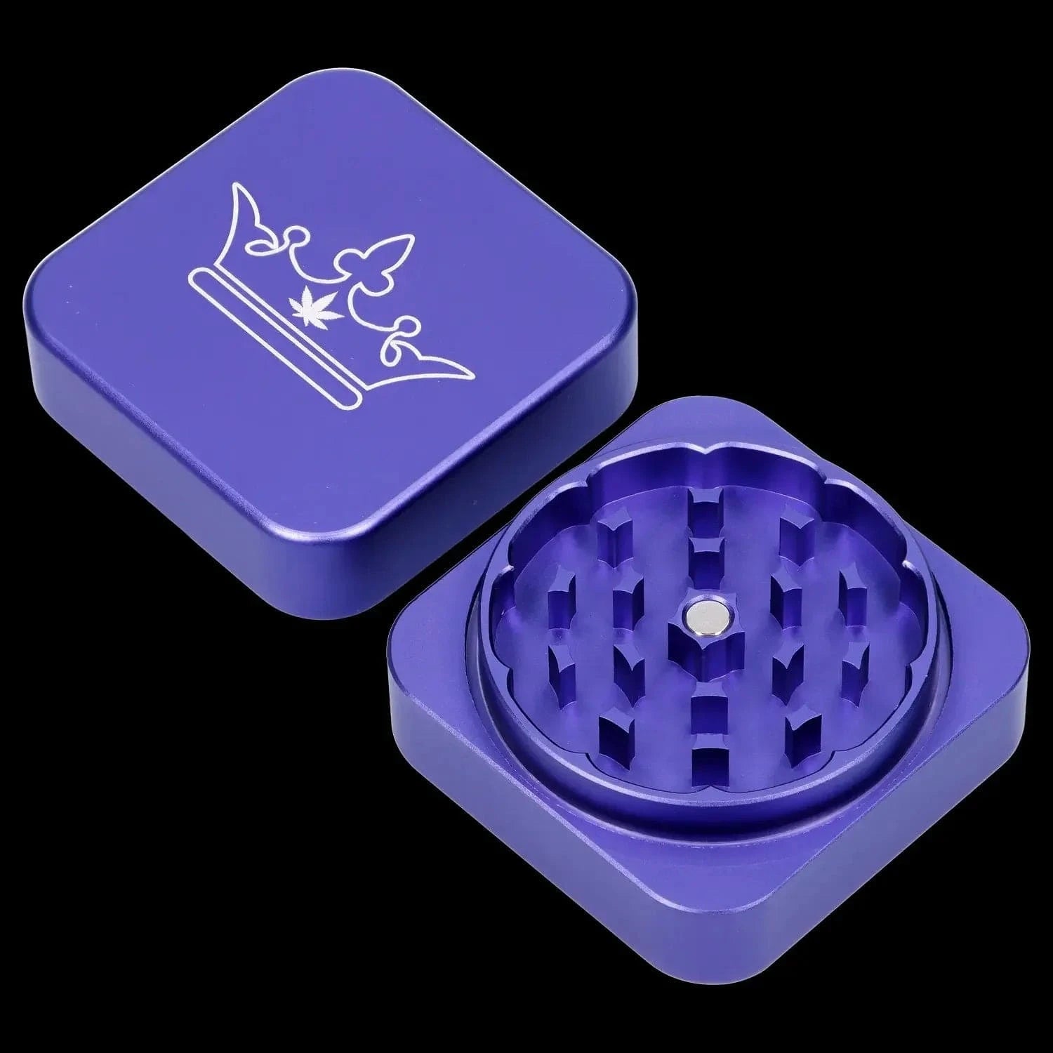 Angled close-up of the purple QOB 2-Piece Grinder - 55mm showing the engraved crown lid and interior teeth against a black background