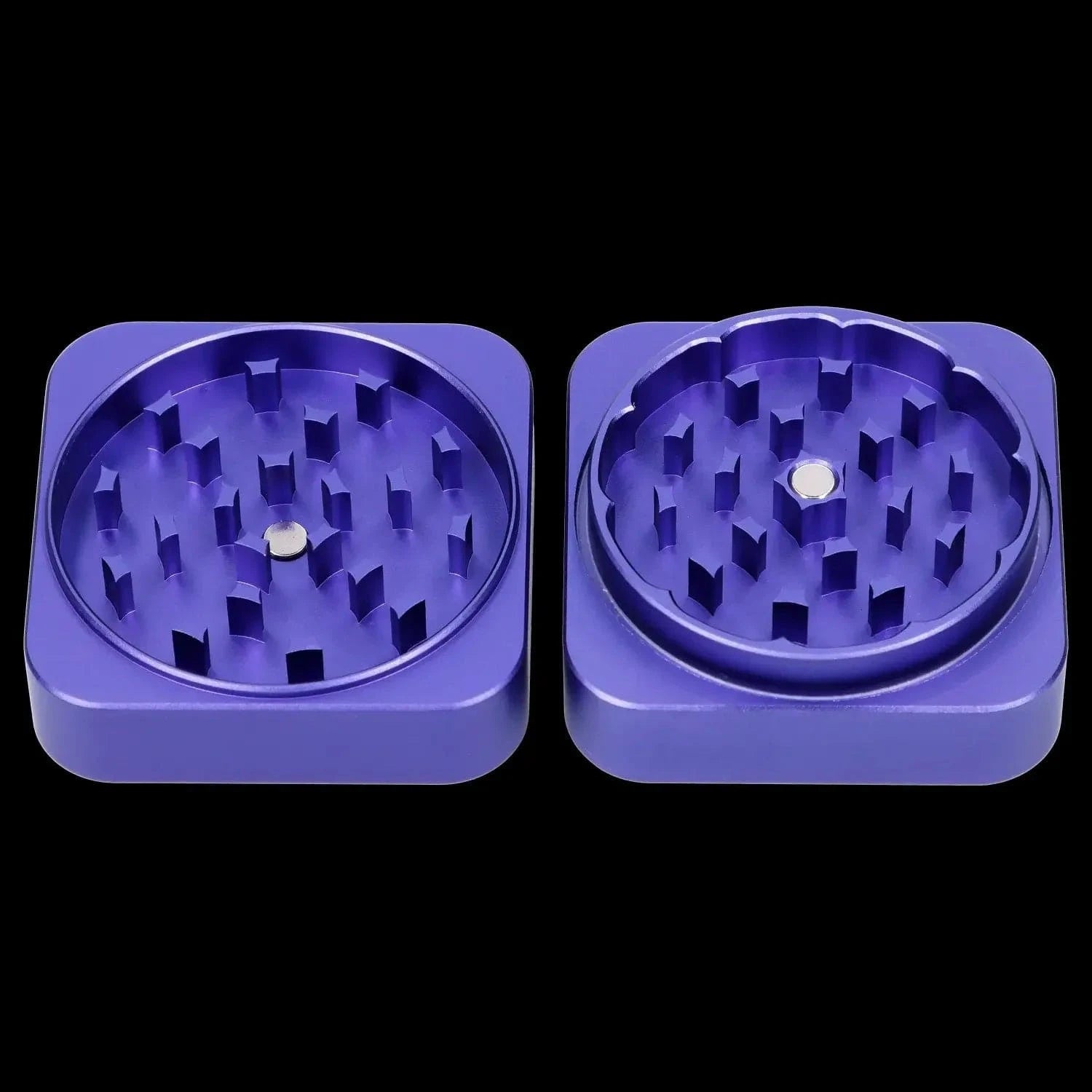 Top-down view of the opened QOB 2-Piece Grinder - 55mm showing two purple anodized halves with raised square teeth and central magnets.