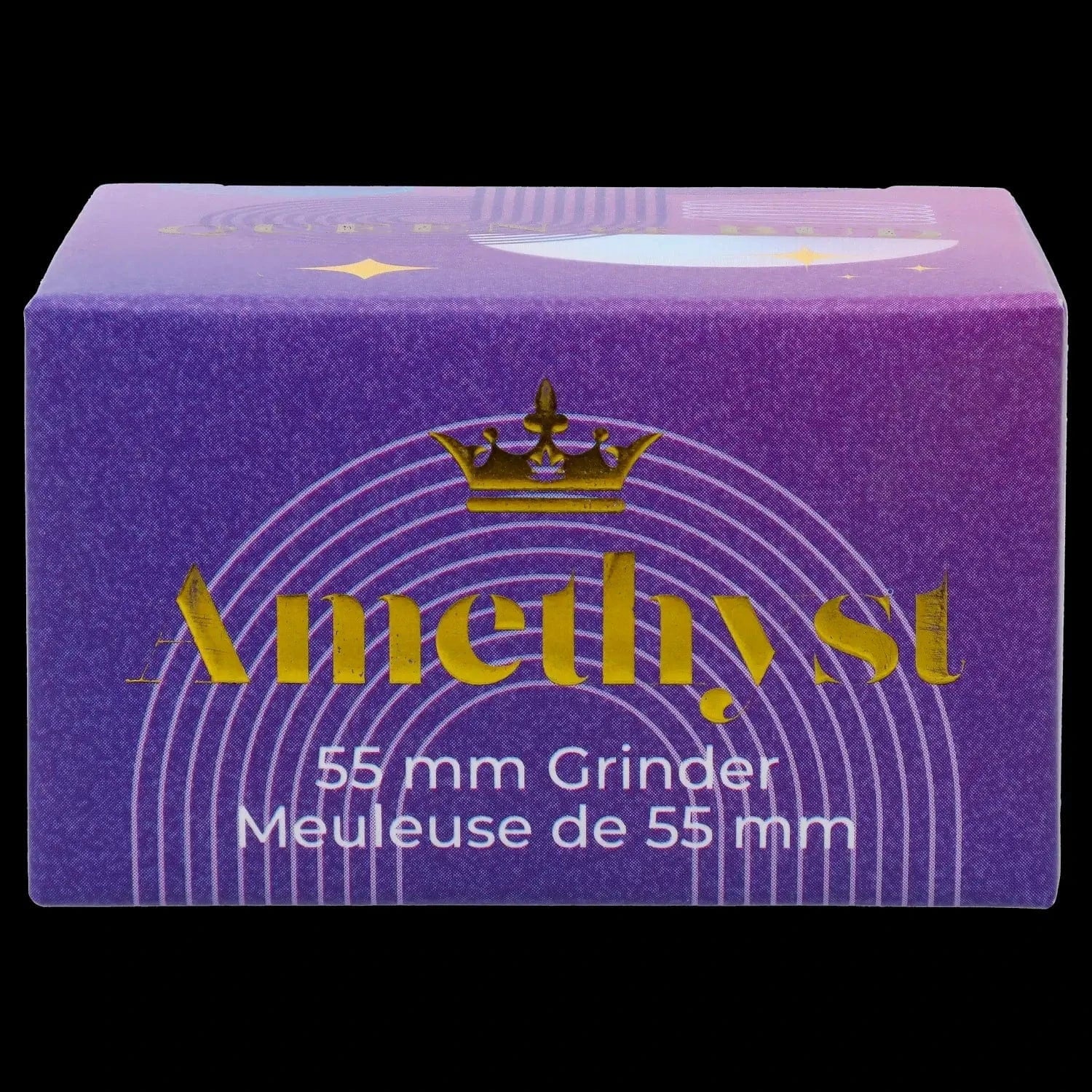 Close-up front view of the purple QOB 2-Piece Grinder - 55mm box showing gold logo text and concentric circle graphics on a black background