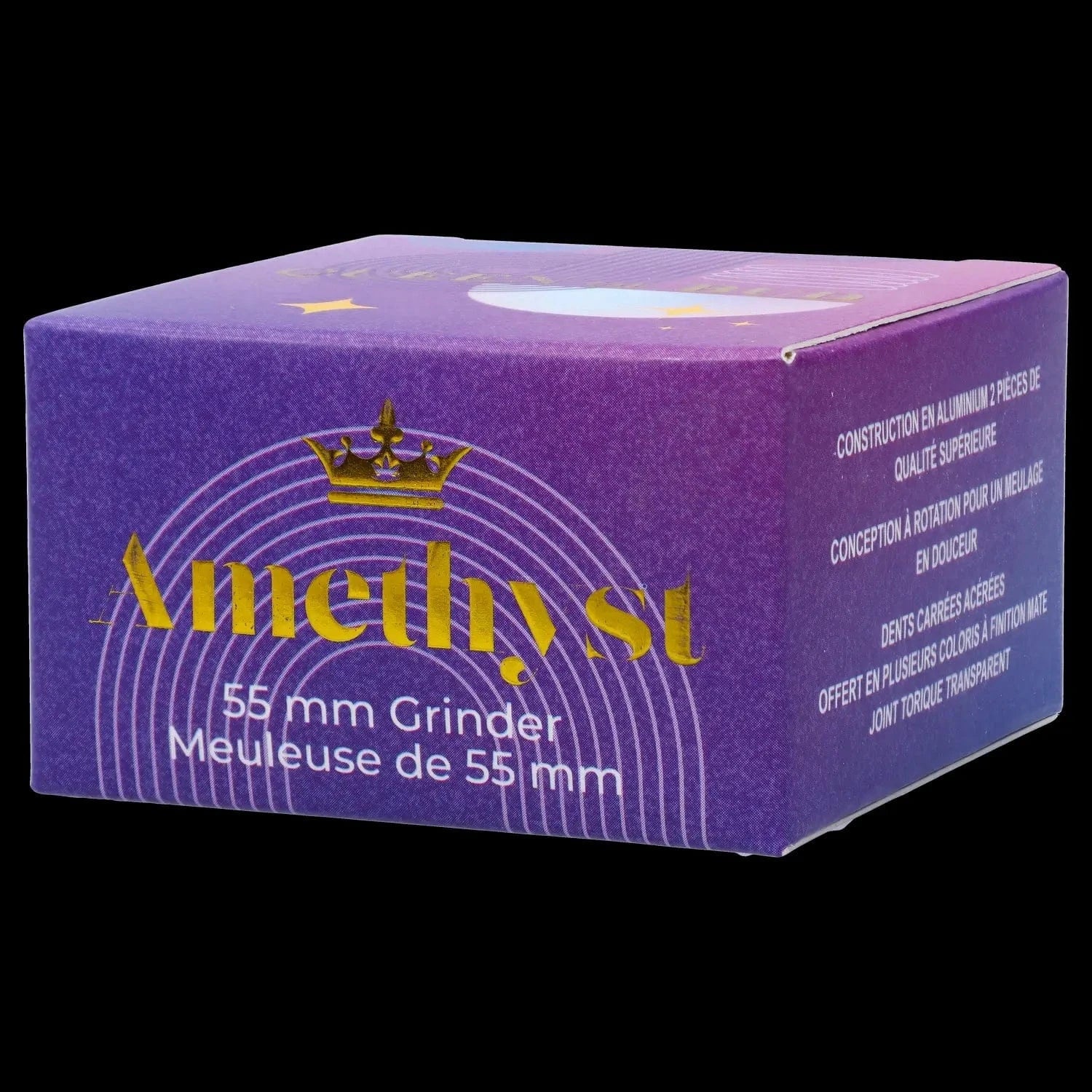 Three-quarter view of a purple box labeled "QOB 2-Piece Grinder - 55mm" with gold lettering and white product text against a black background
