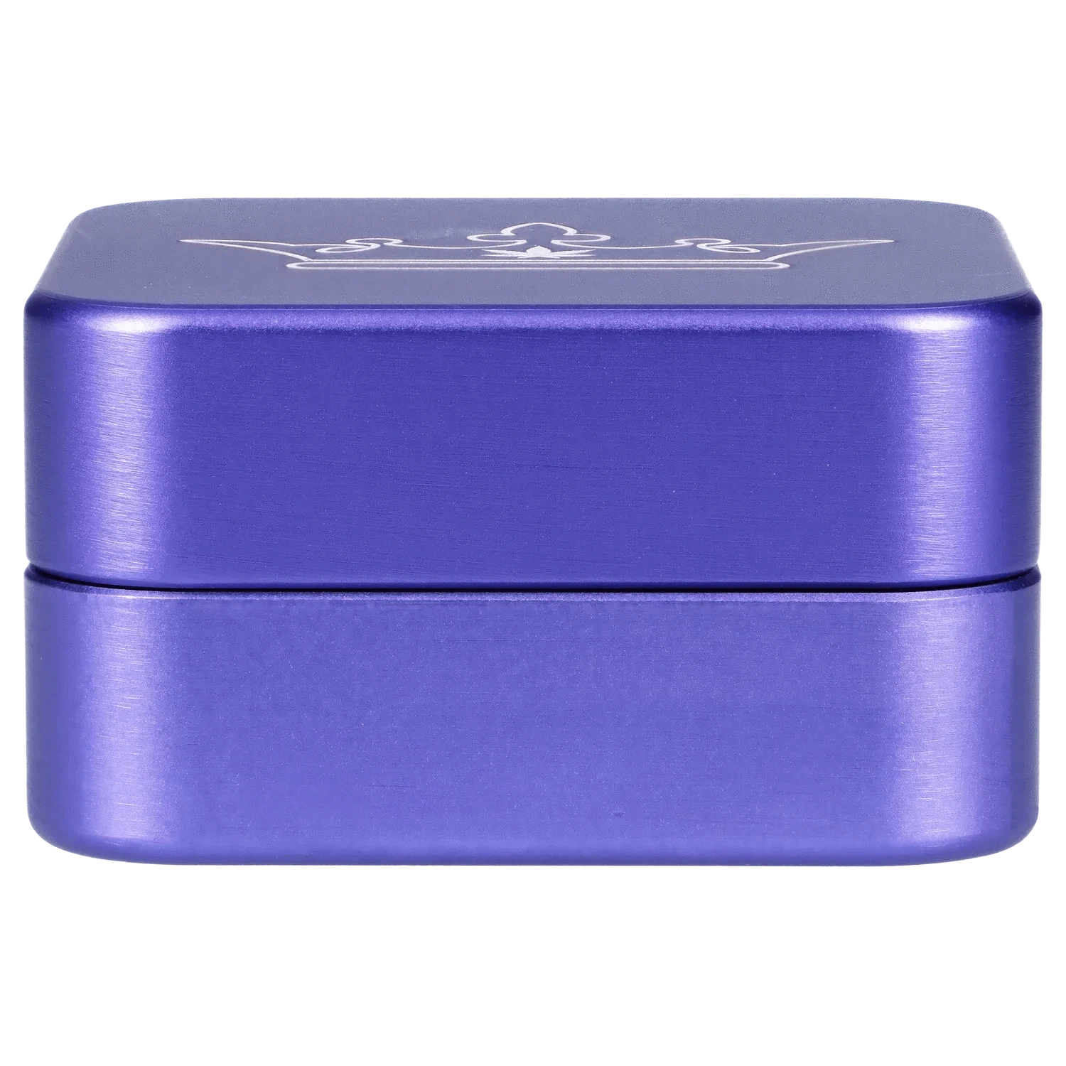 Close-up front view of the purple QOB 2-Piece Grinder - 55mm showing the brushed metal finish and engraved crown on the top.