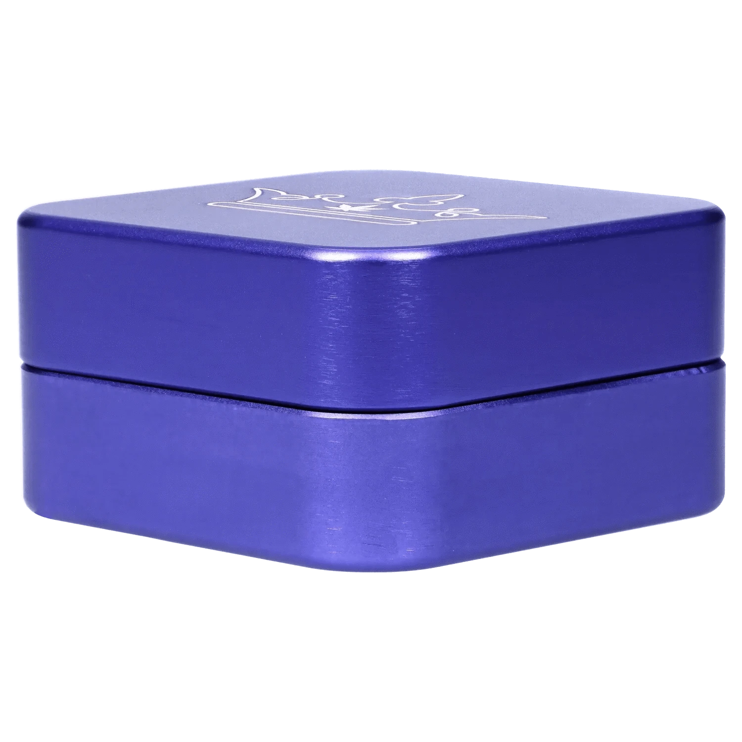 Low-angle close-up of the rose quartz QOB 2-Piece Grinder - 55mm showing its square, metallic purple sides and subtle top engraving.