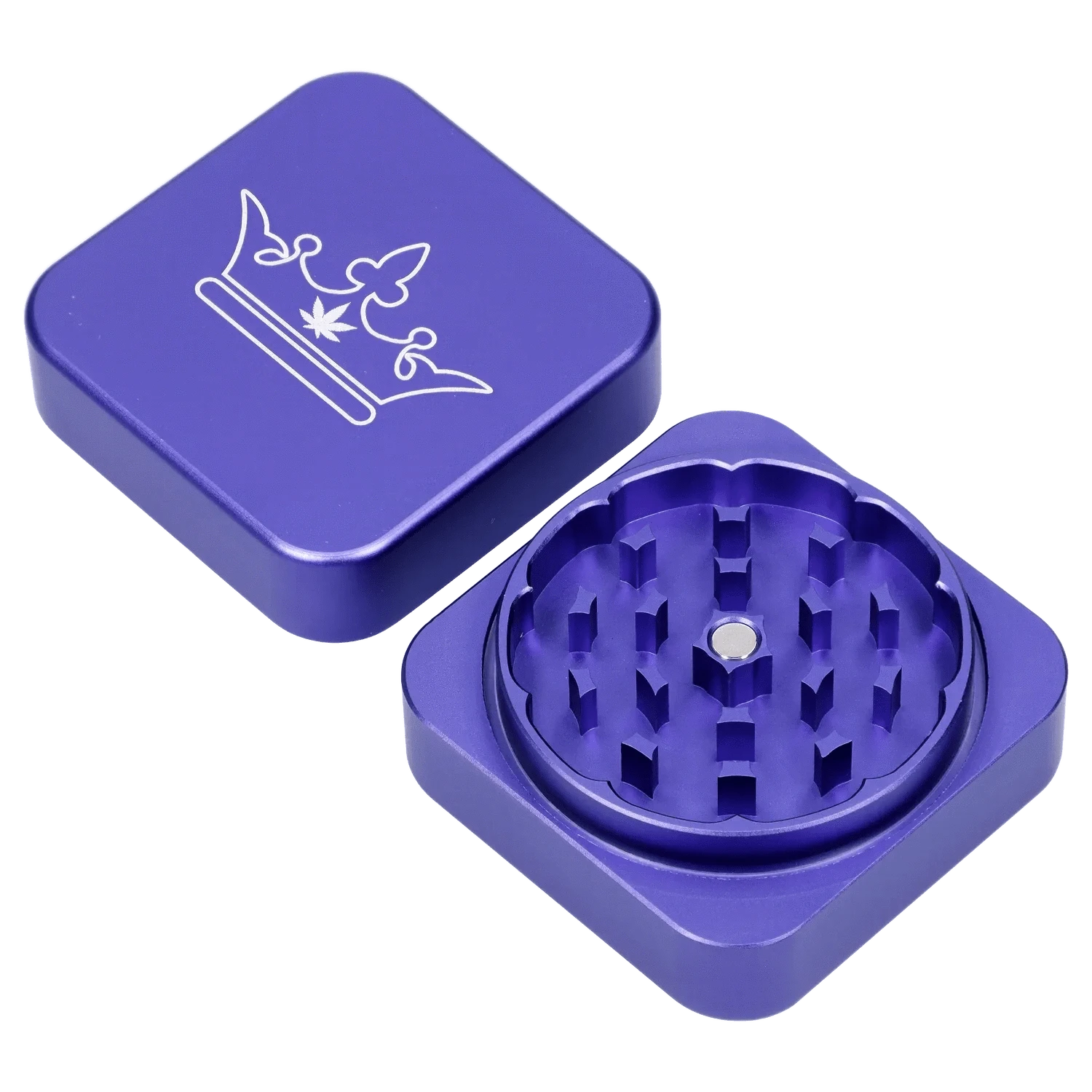 Angled close-up of the purple QOB 2-Piece Grinder - 55mm with its engraved crown lid beside the open grinding chamber.