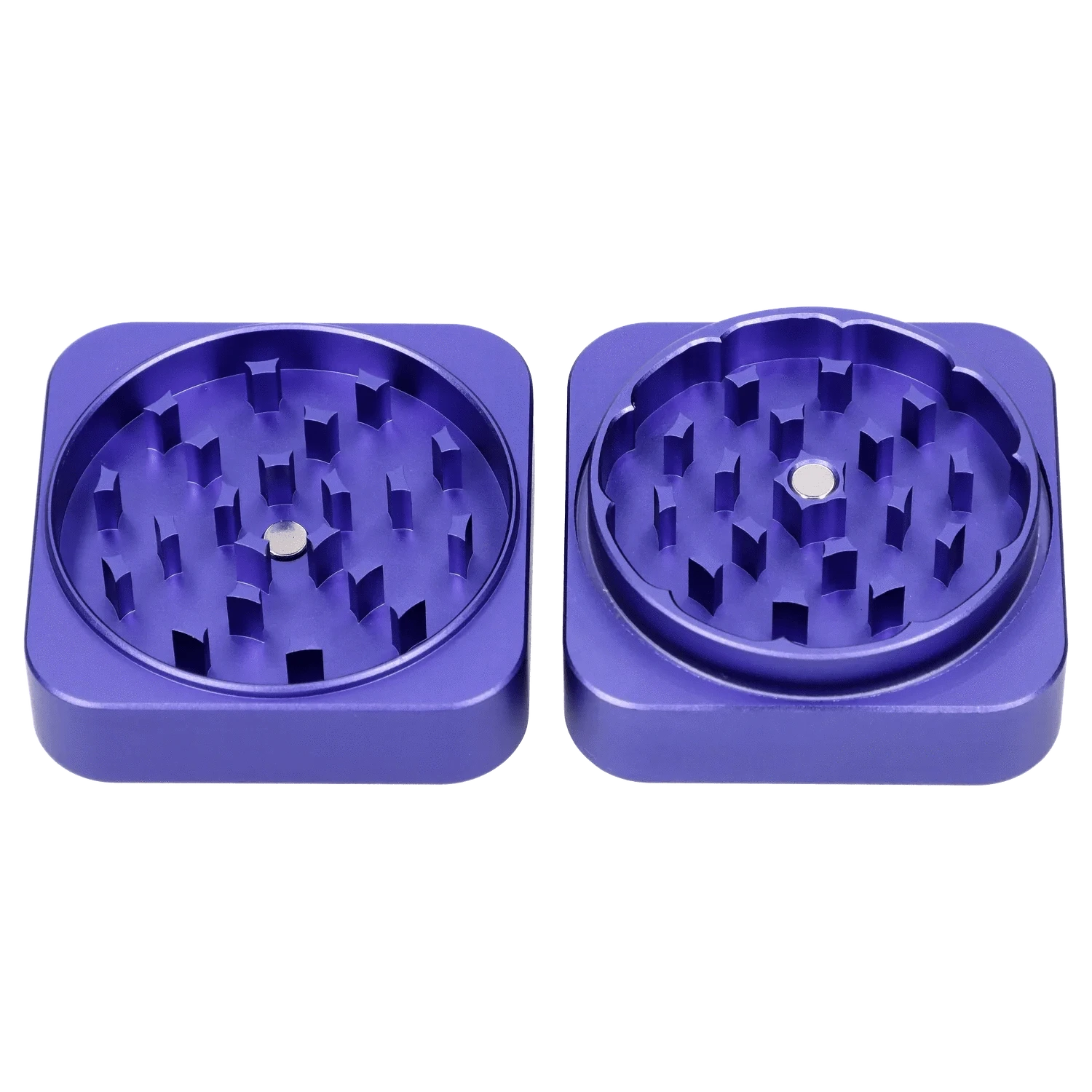 Top-down view of the open QOB 2-Piece Grinder - 55mm showing both purple anodized halves with staggered square teeth and center magnets.