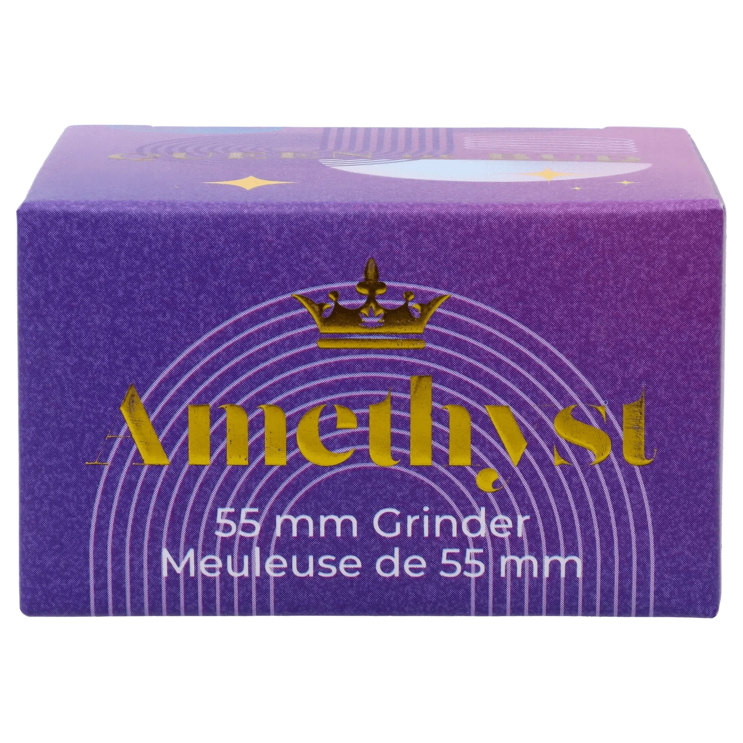 Front-facing close-up of the purple box for the QOB 2-Piece Grinder - 55mm showing gold lettering, concentric circle graphics, and white product text.