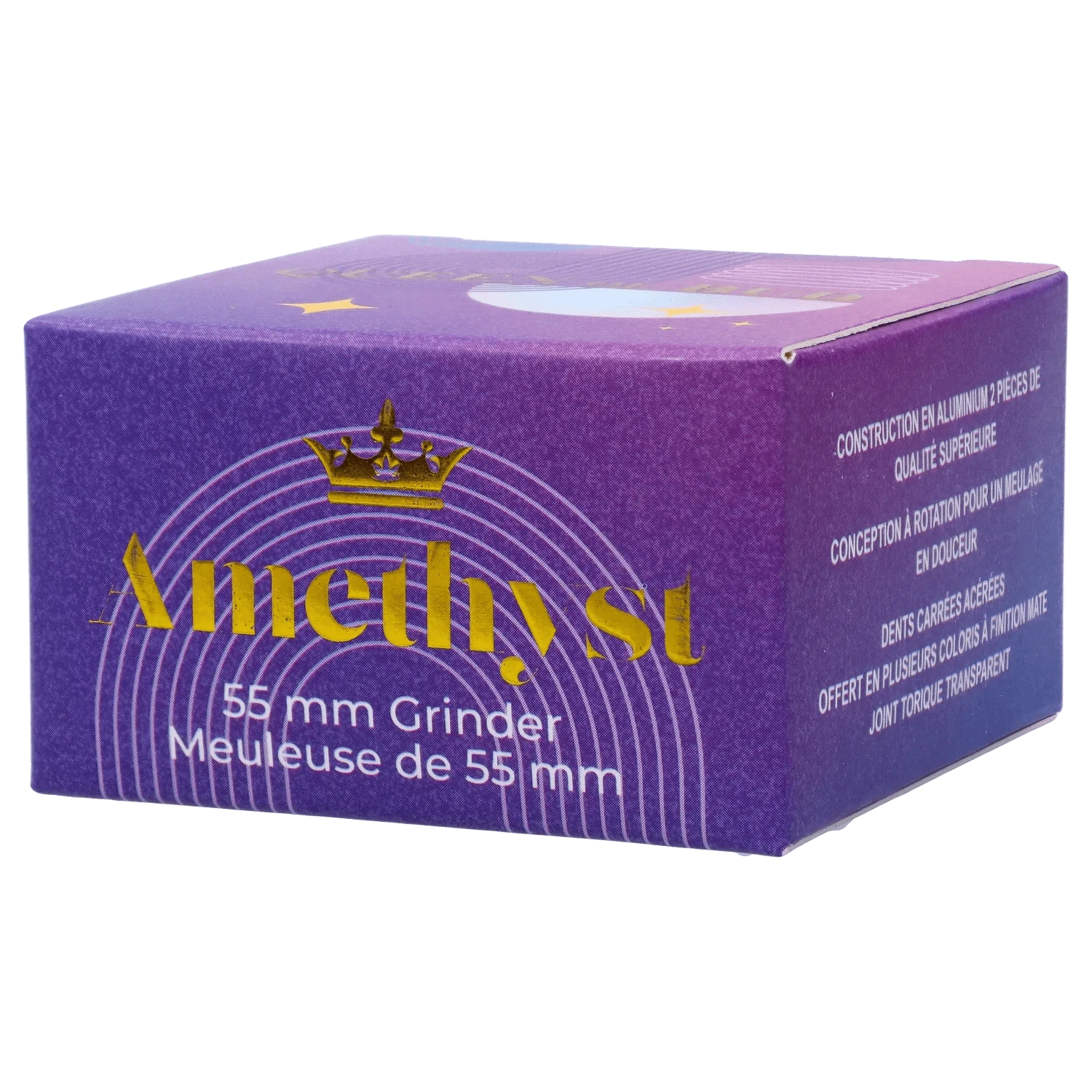 Angled close-up of a purple Aventurine box showing the QOB 2-Piece Grinder - 55mm logo and gold lettering on its front and side.
