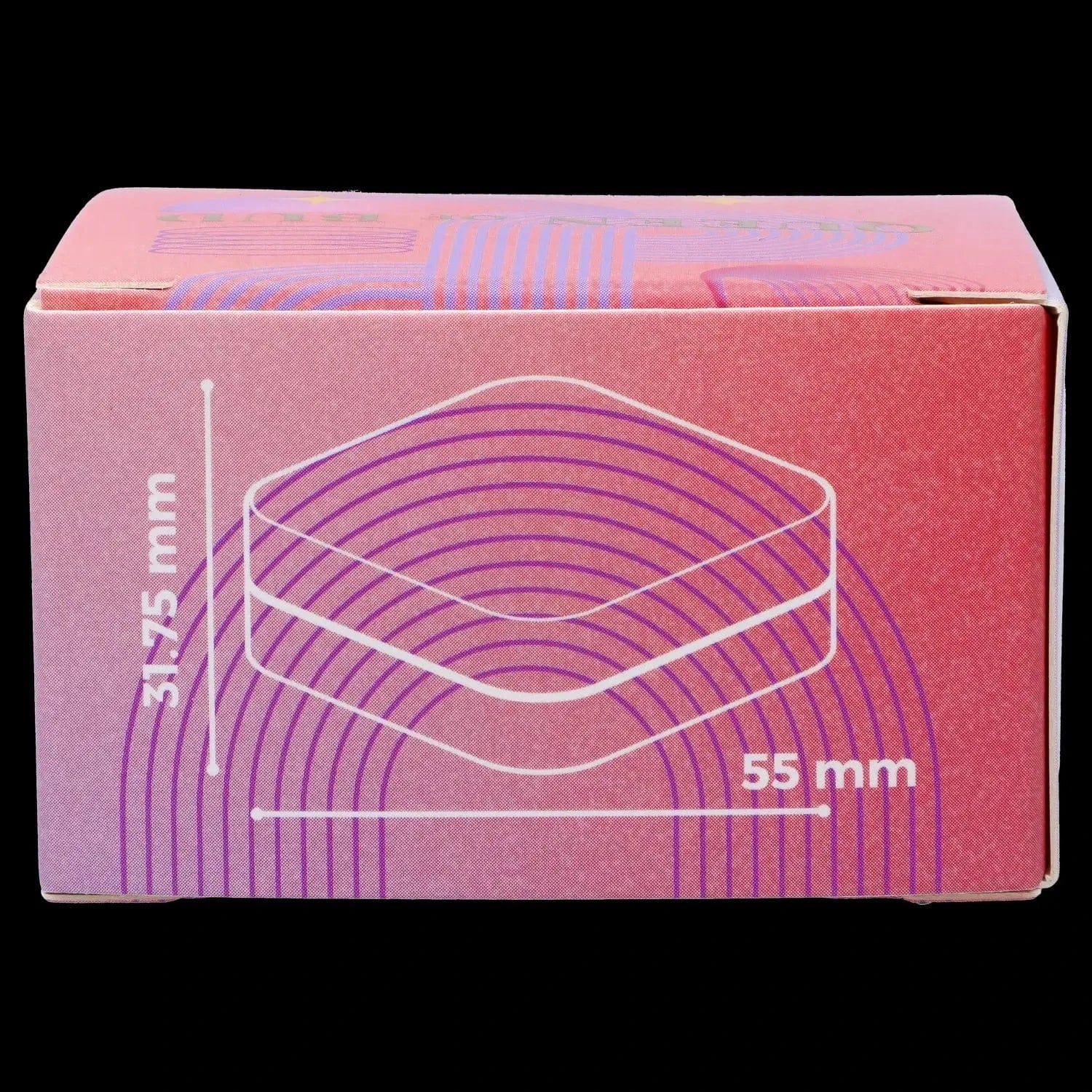 Close-up front view of the pink box for QOB 2-Piece Grinder - 55mm showing white line art, concentric purple rings and a black background