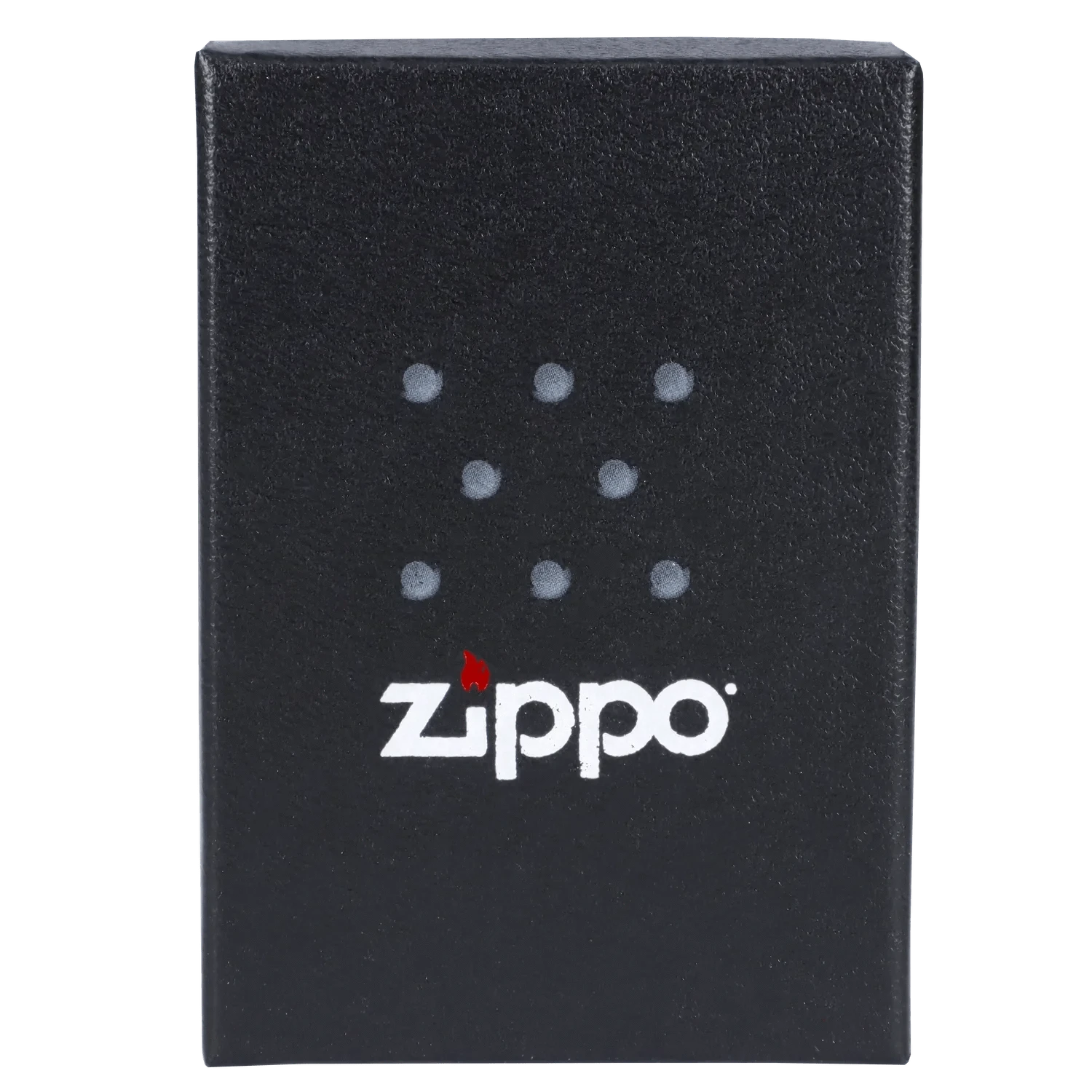 Close-up front view of the Queen of Bud Black Obsidian Flame of Dreams Zippo box showing a textured black surface, nine small raised dots, and the white Zippo logo with a red flame.