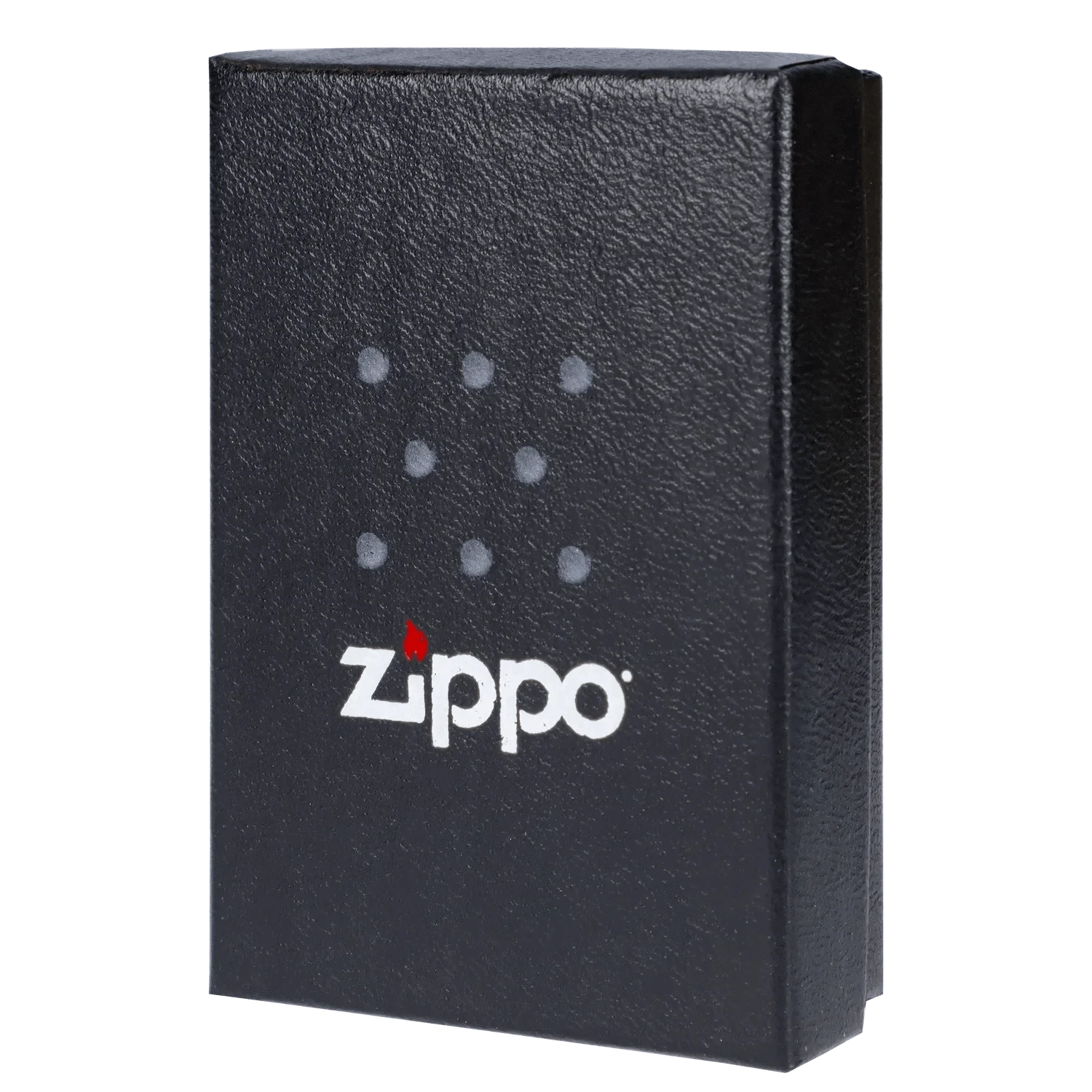 Angled close-up of the black Queen of Bud Black Obsidian Flame of Dreams Zippo box showing textured surface, dotted pattern, and white Zippo logo with a red flame.