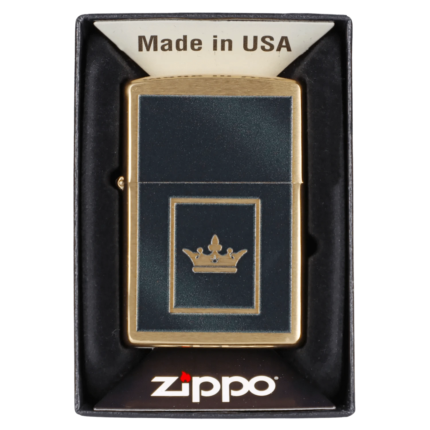 Top-down view of the Queen of Bud Black Obsidian Flame of Dreams Zippo showing its black inset panel with gold crown motif and brass edges inside fitted packaging