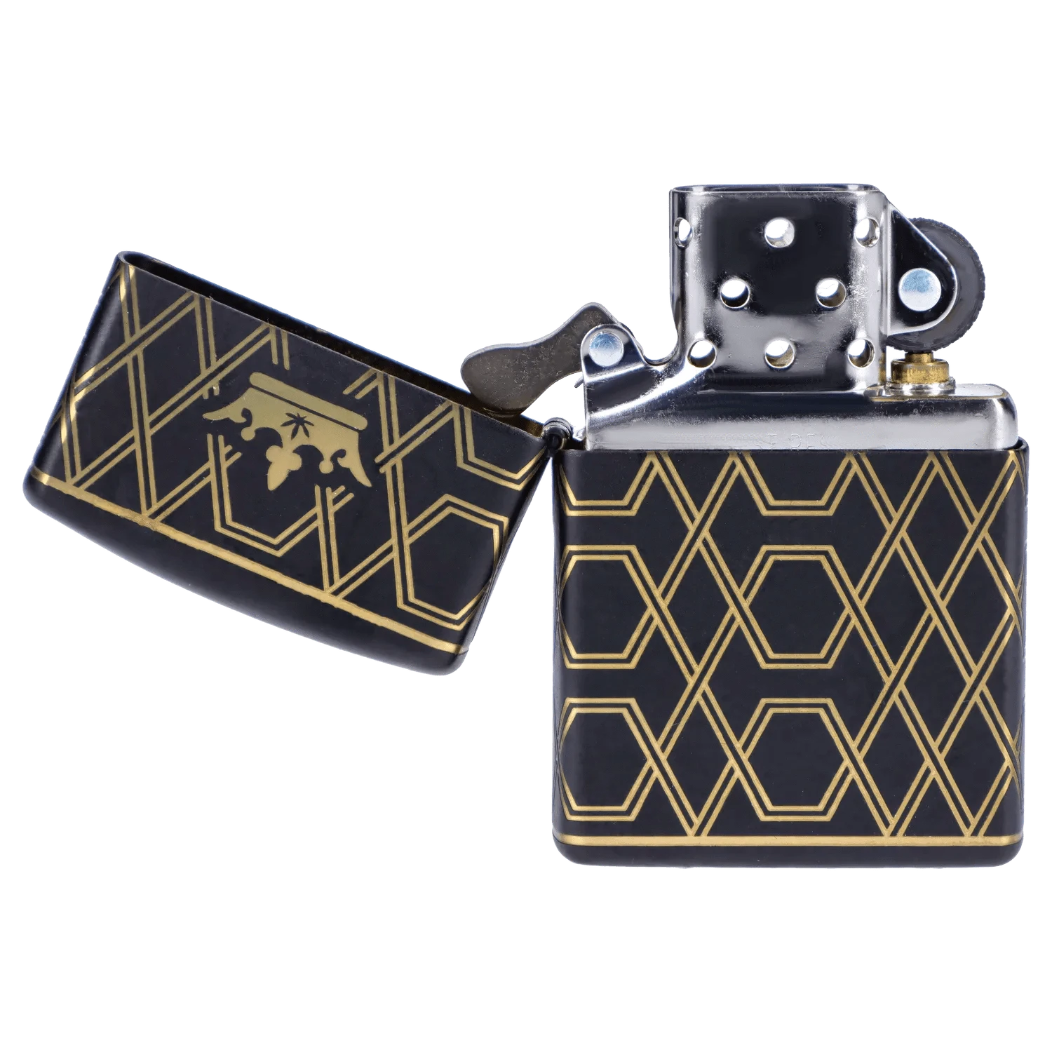 Close-up of the open Queen of Bud Black Obsidian Geometric Zippo showing its black case with gold geometric lines and exposed silver lighter mechanism