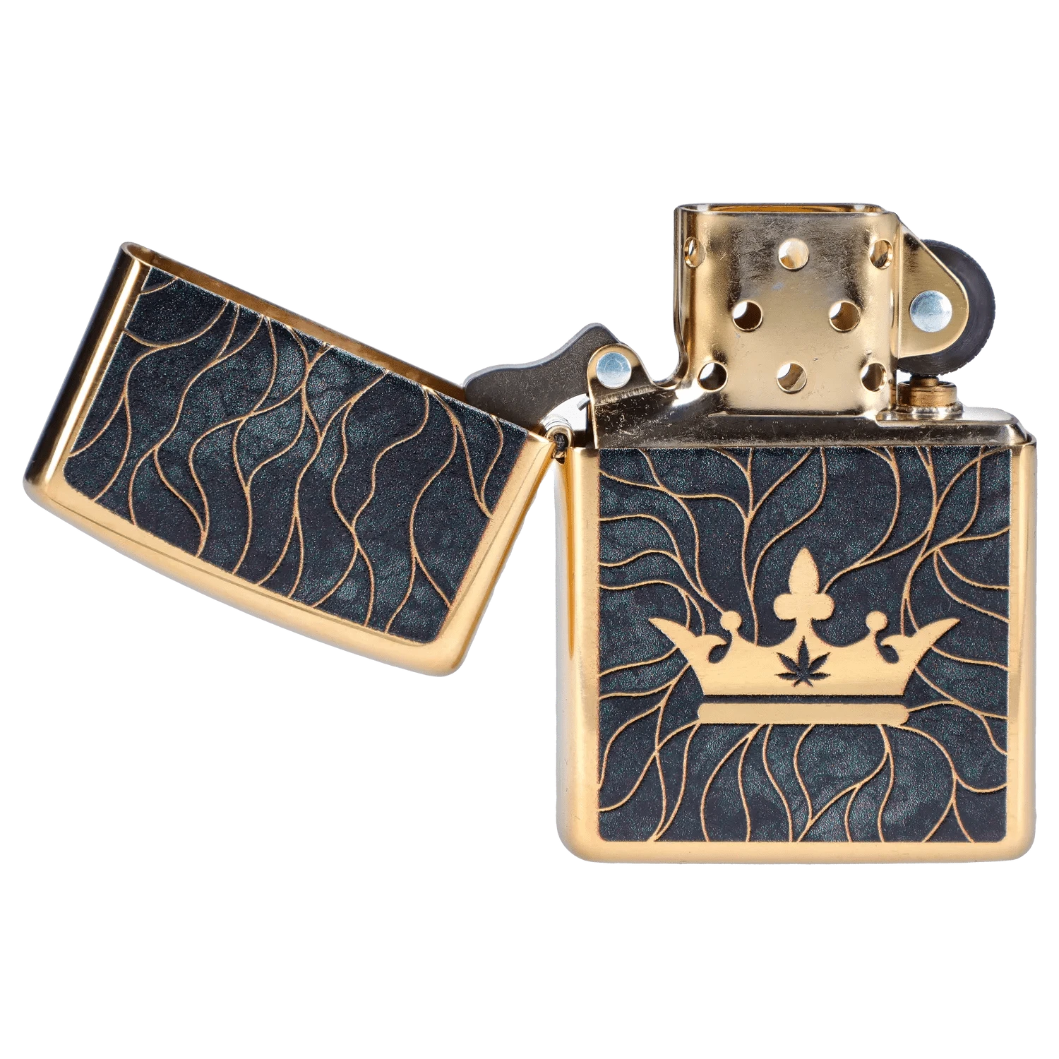 Close-up of the open Queen of Bud Black Obsidian Mosaic Zippo showing its gold-toned hinge and crown motif on textured black panels.