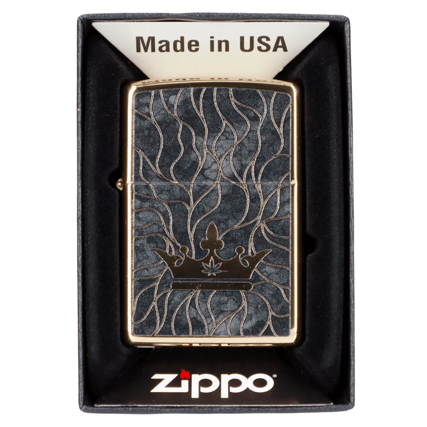 Top-down view of the Queen of Bud Black Obsidian Mosaic Zippo in its black fitted box, showing the dark obsidian lid with gold crown and flowing mosaic lines.