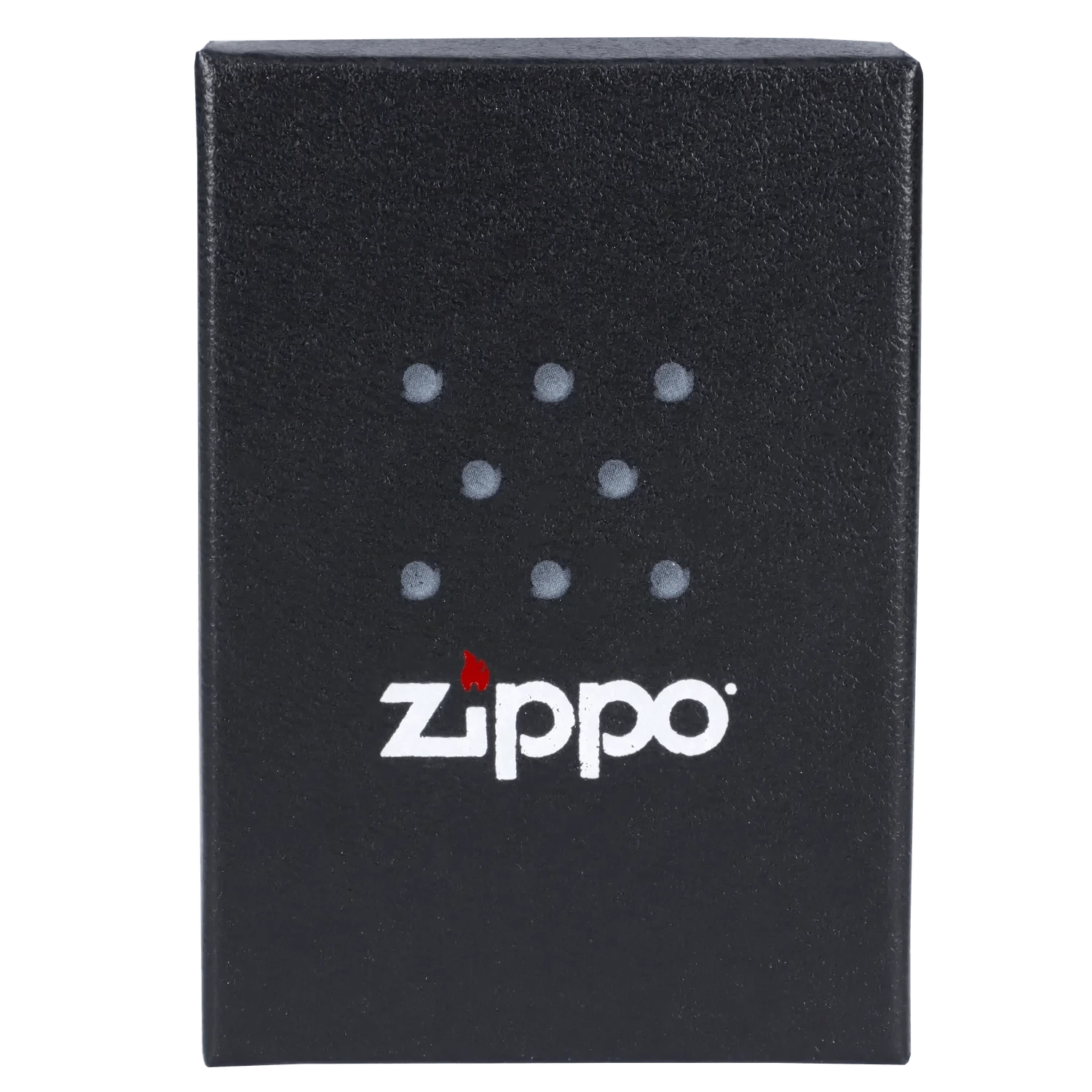 Top-down close-up of a black box showing the Zippo logo and perforated dots for the Queen of Bud Black Obsidian Vertical Flame Zippo.