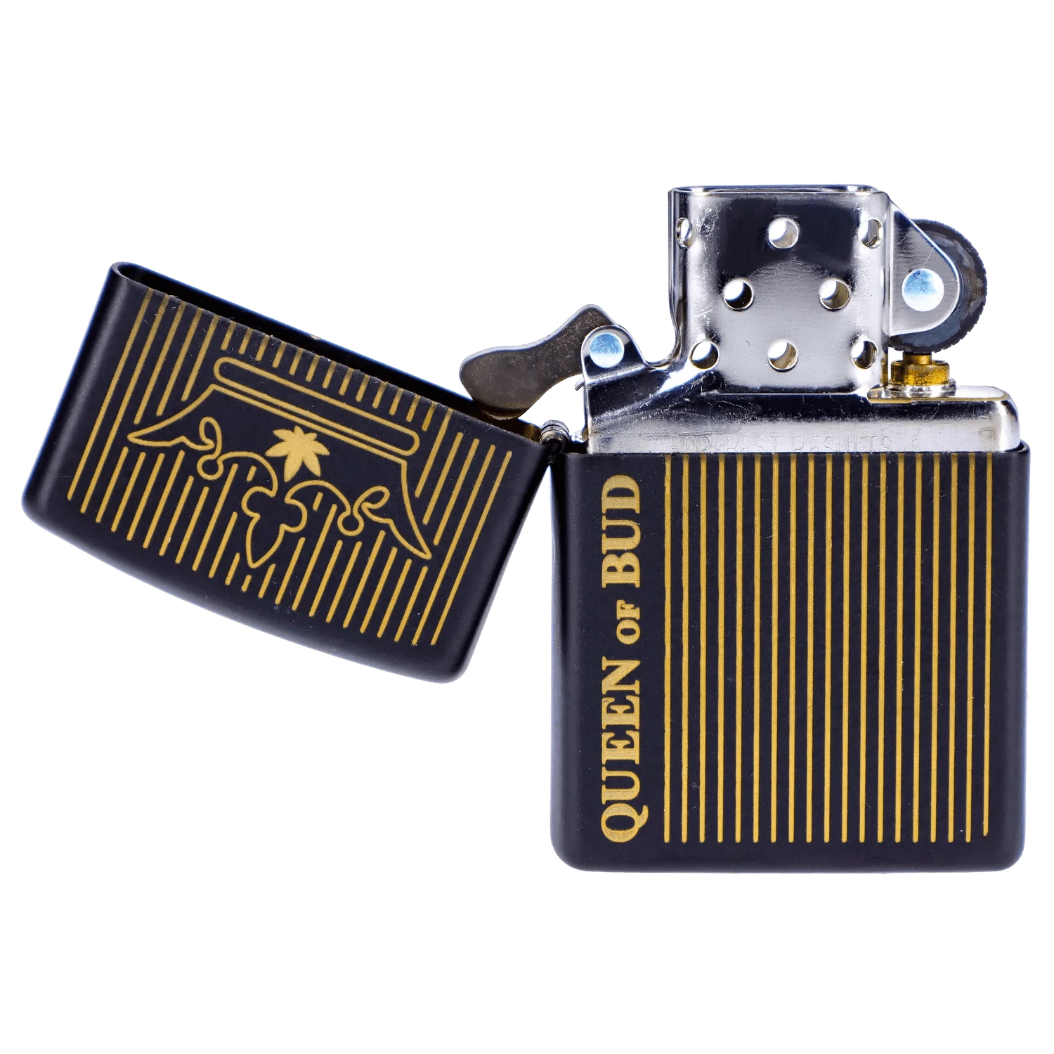 Close-up, angled view of the open Queen of Bud Black Obsidian Vertical Flame Zippo showing its black matte case with gold vertical stripes and exposed chrome lighter mechanism