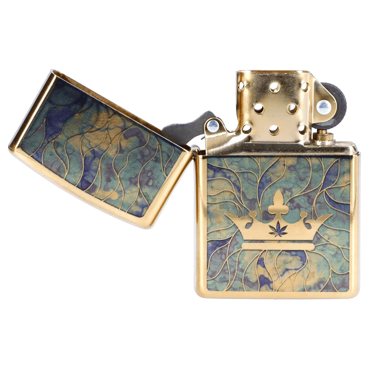 Close-up, open top view of the Queen of Bud Blue Topaz Mosaic Zippo showing its gold-tone hardware and blue-green mosaic panels with a crown motif.