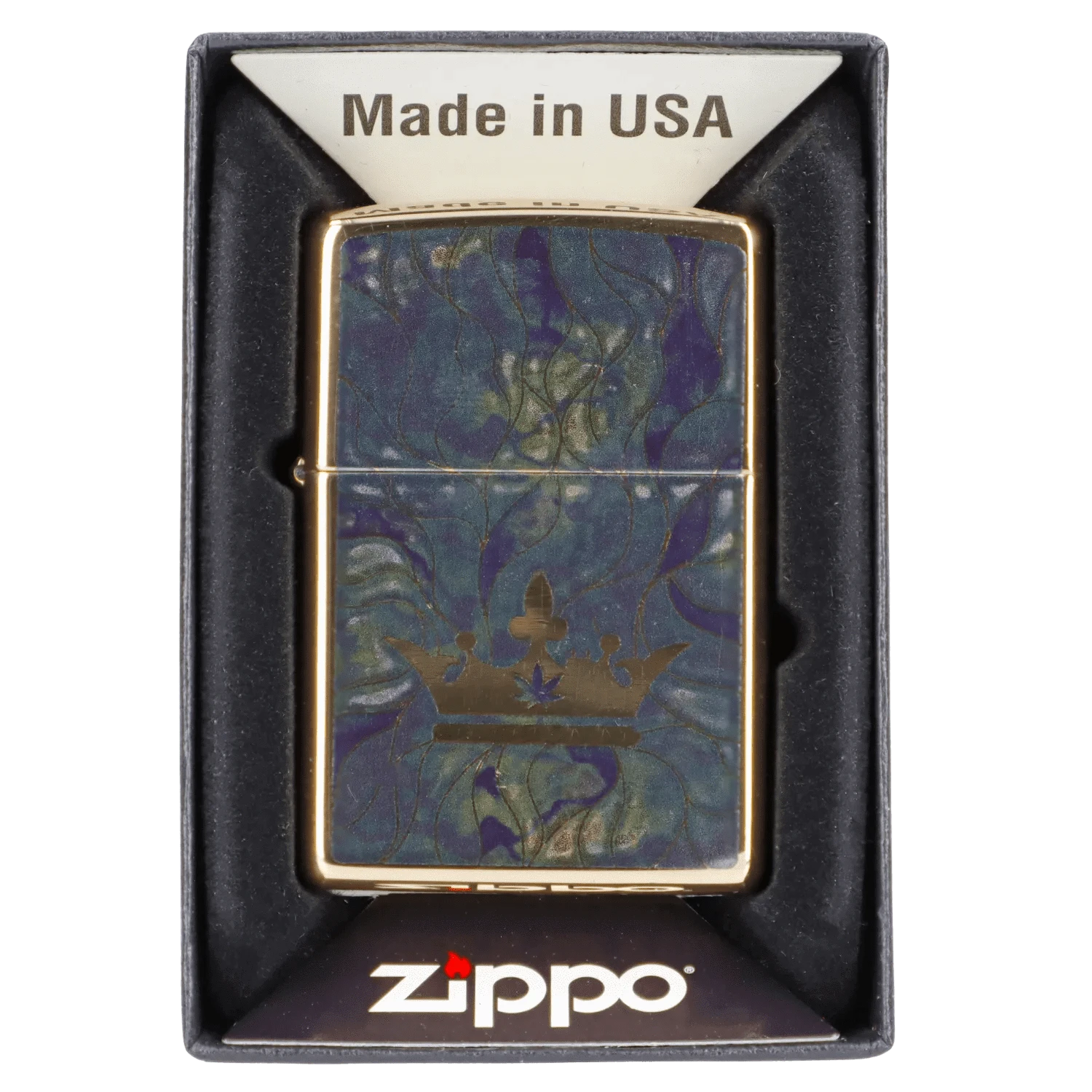 Top-down close shot of the Queen of Bud Blue Topaz Mosaic Zippo showing its blue-green marbled face with a gold crown motif inside the branded black display.