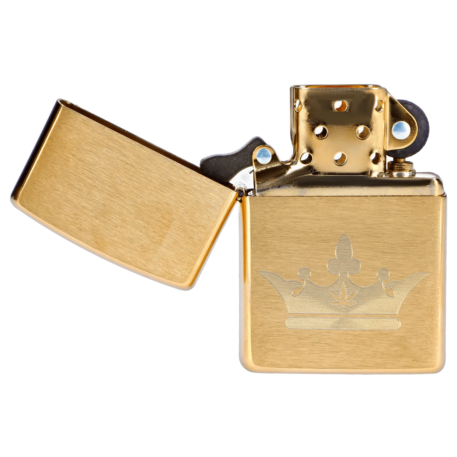 Close-up of the open Queen of Bud Golden Legacy Zippo showing its brushed gold finish, hinged lid at left, and engraved crown motif on the front.