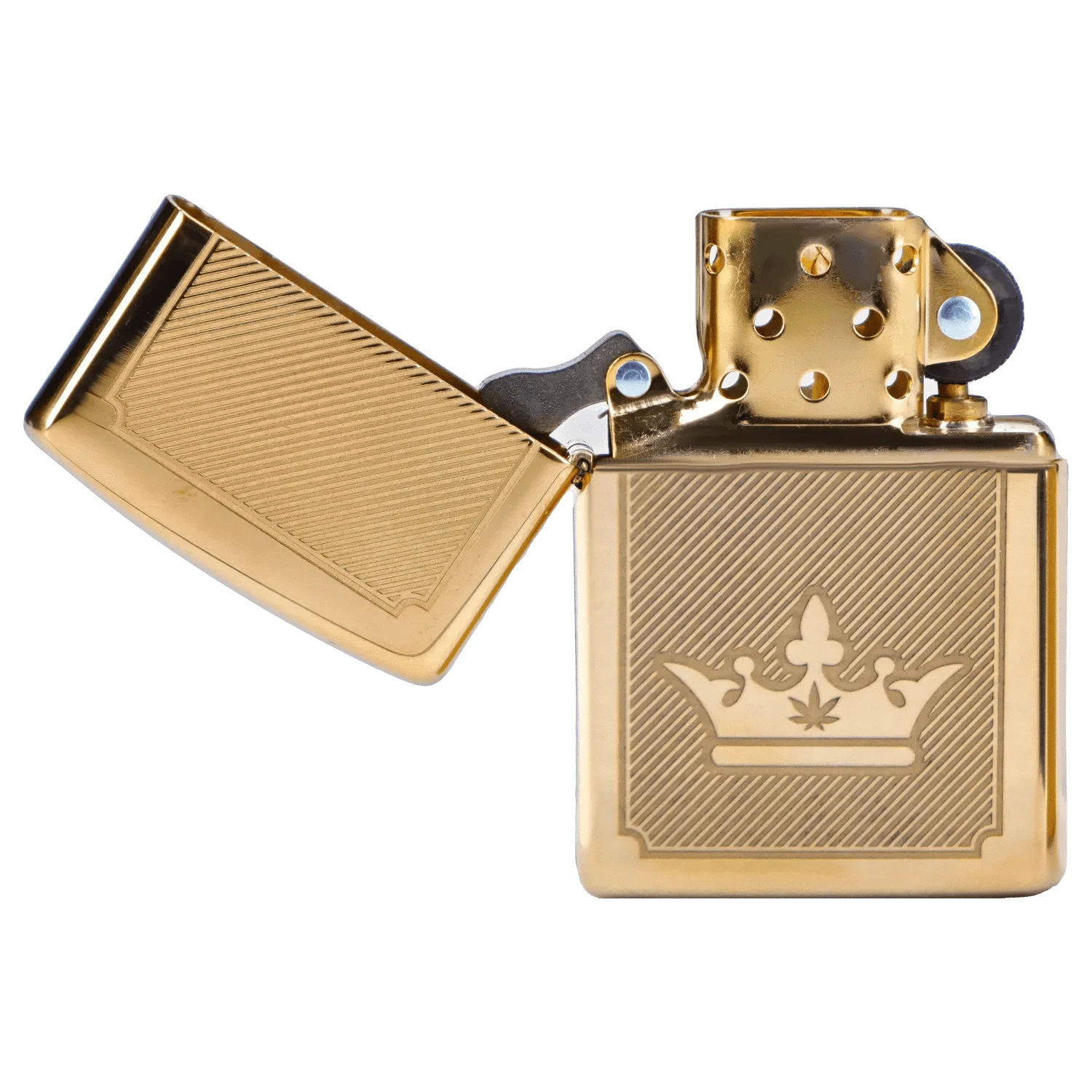 Close-up, three-quarter view of the open Queen of Bud Golden Lines of Triumph Zippo showing its gold-toned lid, perforated chimney, and engraved crown motif.