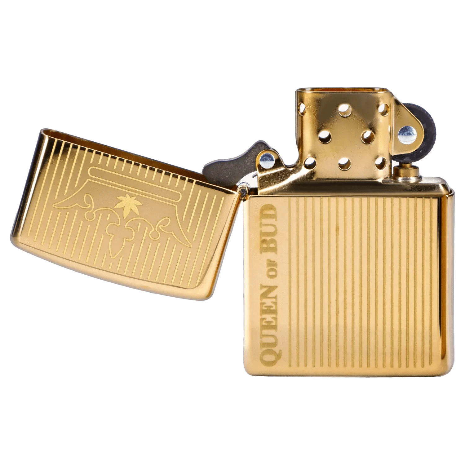 Close-up three-quarter view of the open Queen of Bud Golden Vertical Flame Zippo showing its gold ribbed case and flame chimney.