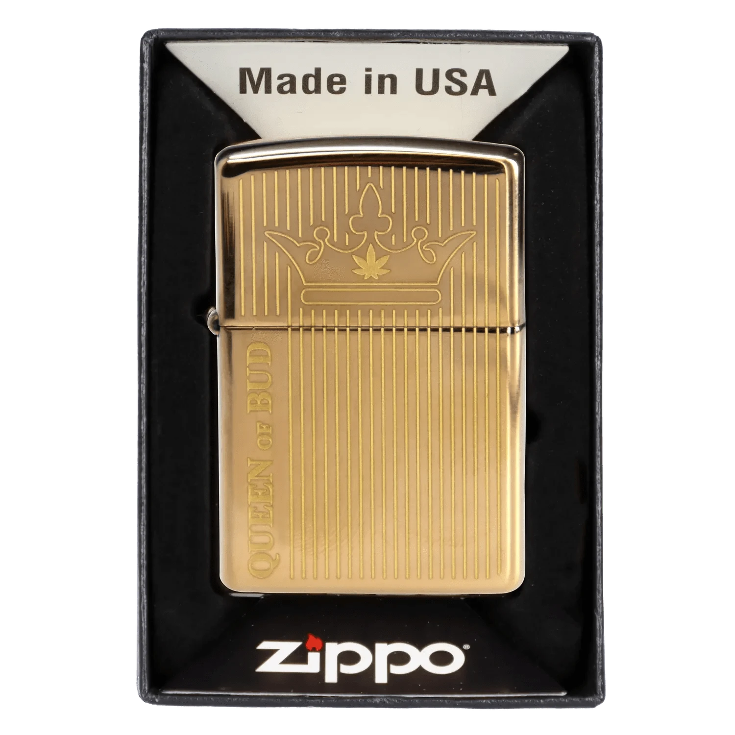 Top-down close-up of the gold Queen of Bud Golden Vertical Flame Zippo resting in its black display box with a crown motif and "Made in USA" card visible.