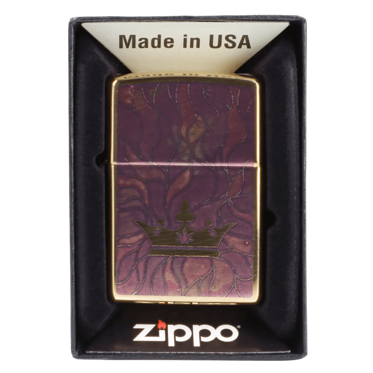 Top-down view of the Queen of Bud Rose Quartz Mosaic Zippo showing its purple marbled front with a gold crown motif and brass edges in the black display box.