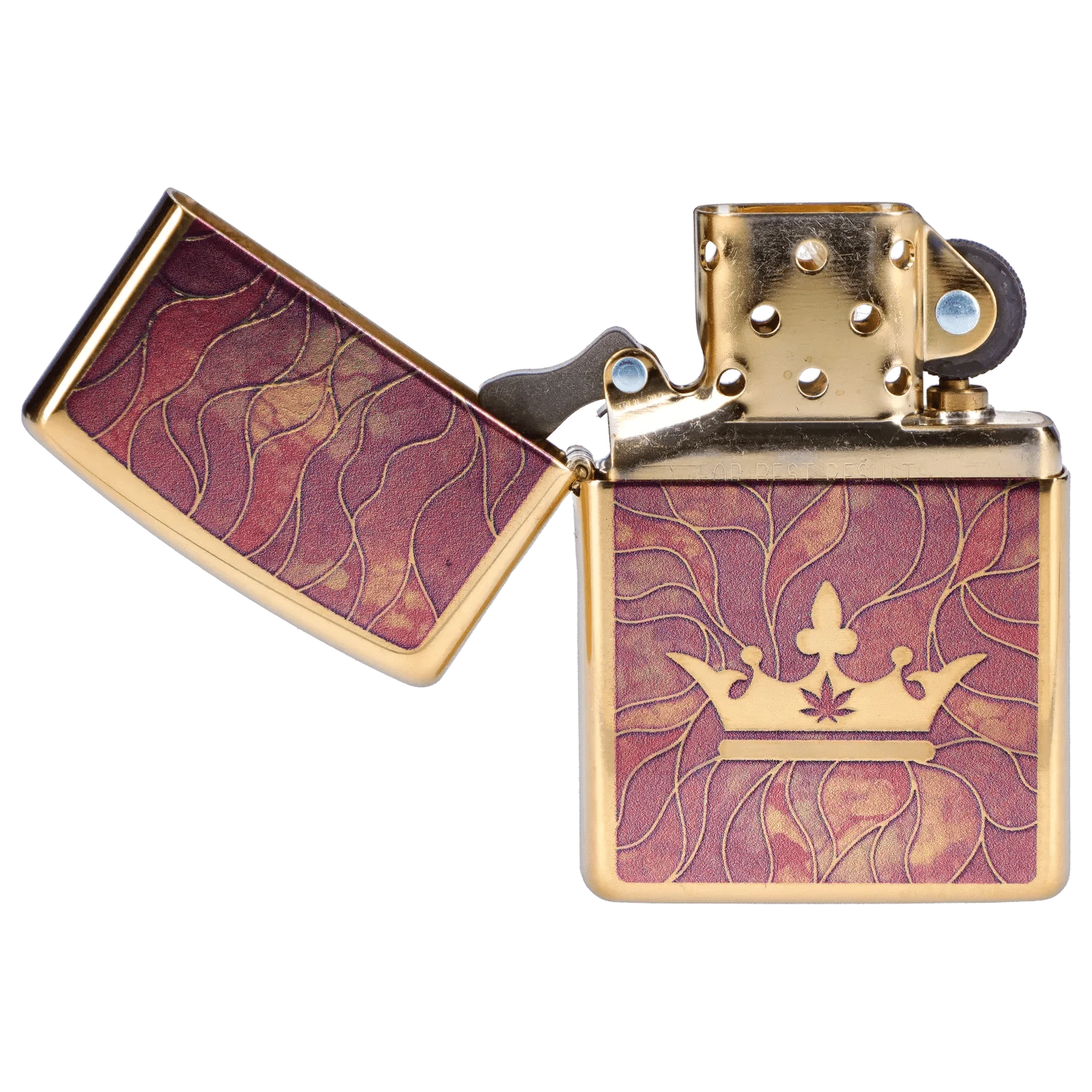 Close-up, angled view of the open Queen of Bud Rose Quartz Mosaic Zippo showing its gold-toned mechanism and rose quartz mosaic panels with a crown motif.