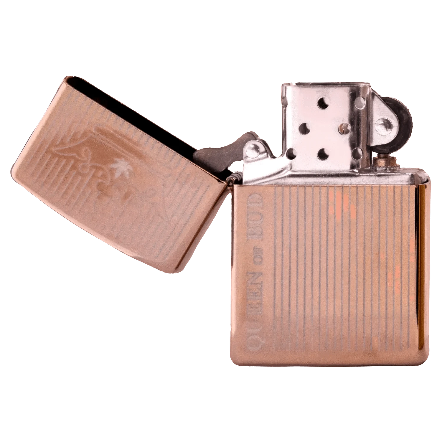 Top-down close-up of the open Queen of Bud Rose Quartz Vertical Flame Zippo showing its rose-quartz finish, striped engraving, and exposed chrome ignition.