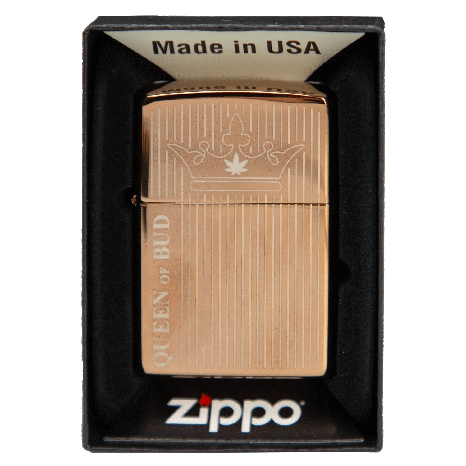 Top-down view of the Queen of Bud Rose Quartz Vertical Flame Zippo showing its rose-quinartz finish, engraved crown motif and vertical pinstripe pattern.