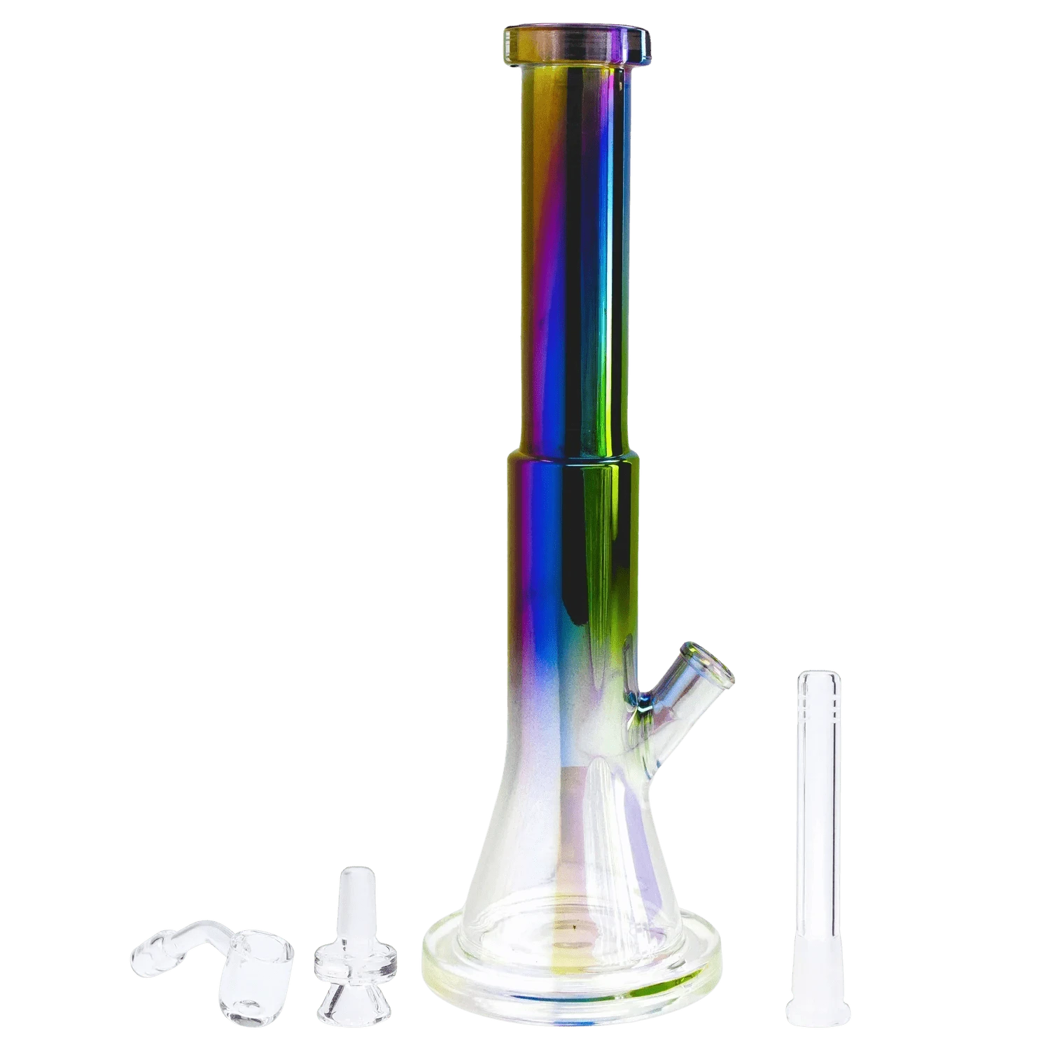 Centered front view of the Queen of Bud Black Obsidian Dual Use Bong - 14 in. showing its iridescent tall neck, clear beaker base, and separate glass attachments.