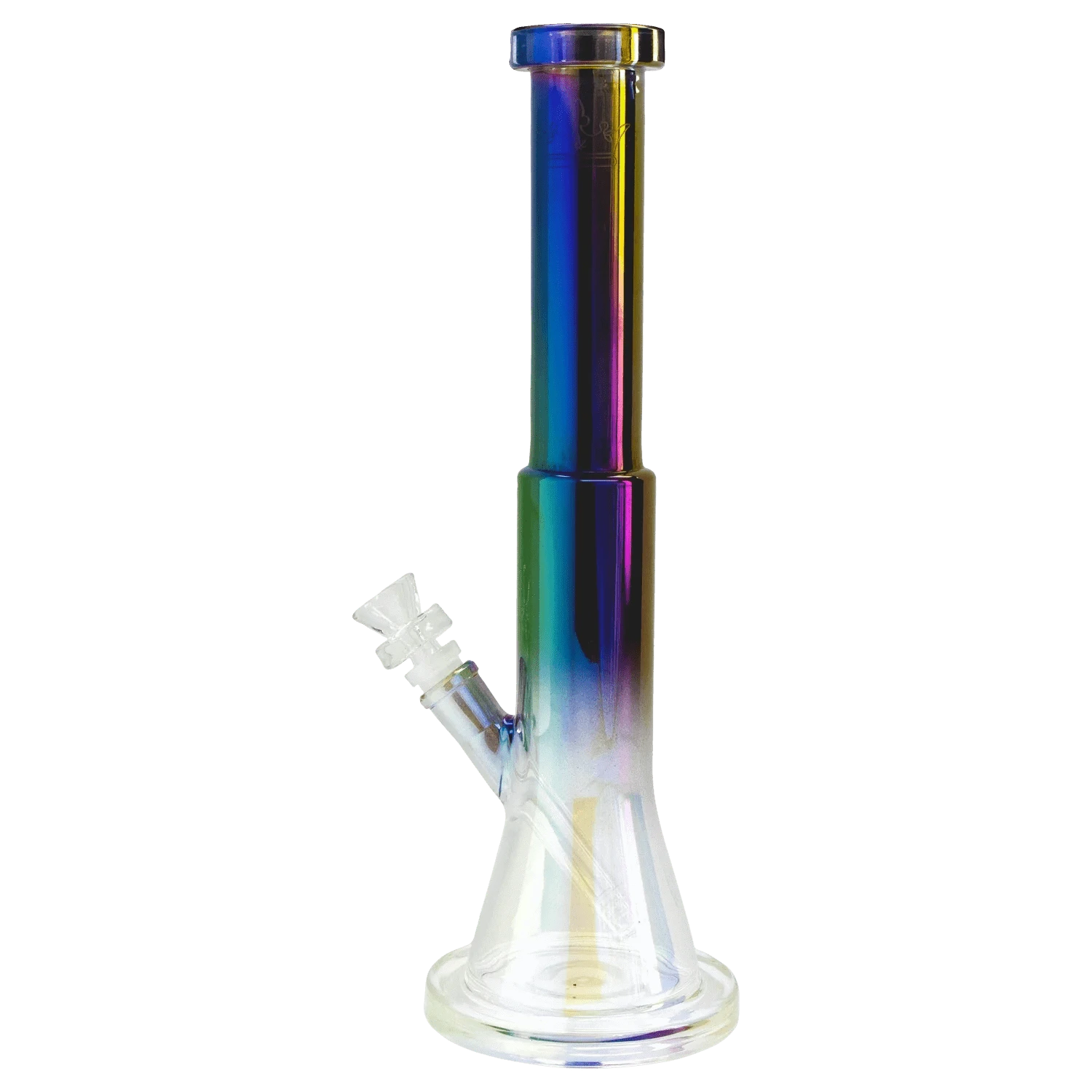 Vertical close-up of the Queen of Bud Black Obsidian Dual Use Bong - 14 in. showing its iridescent black obsidian neck and clear beaker base against a plain background