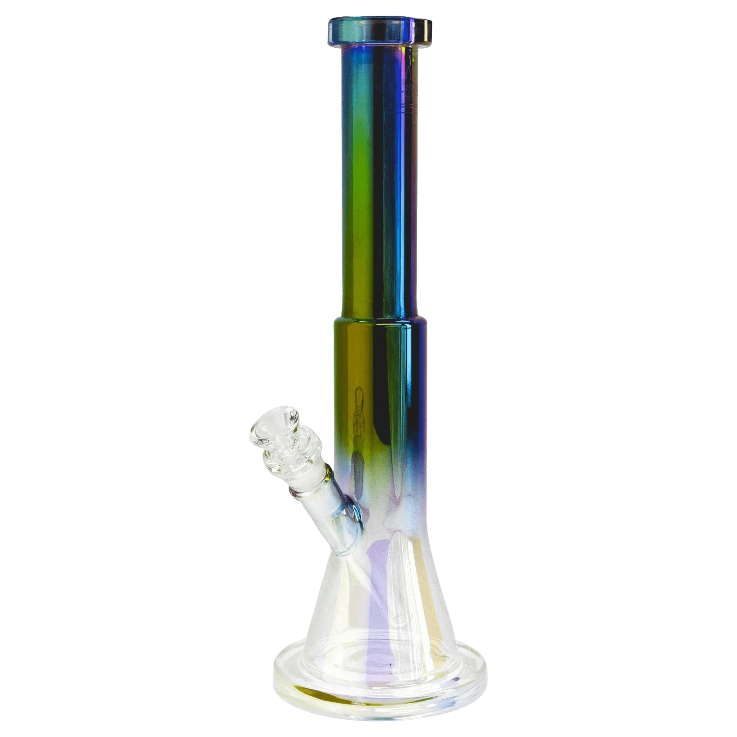 Vertical close-up of the iridescent Queen of Bud Black Obsidian Dual Use Bong - 14 in. showing the straight neck, joint and clear beaker base.