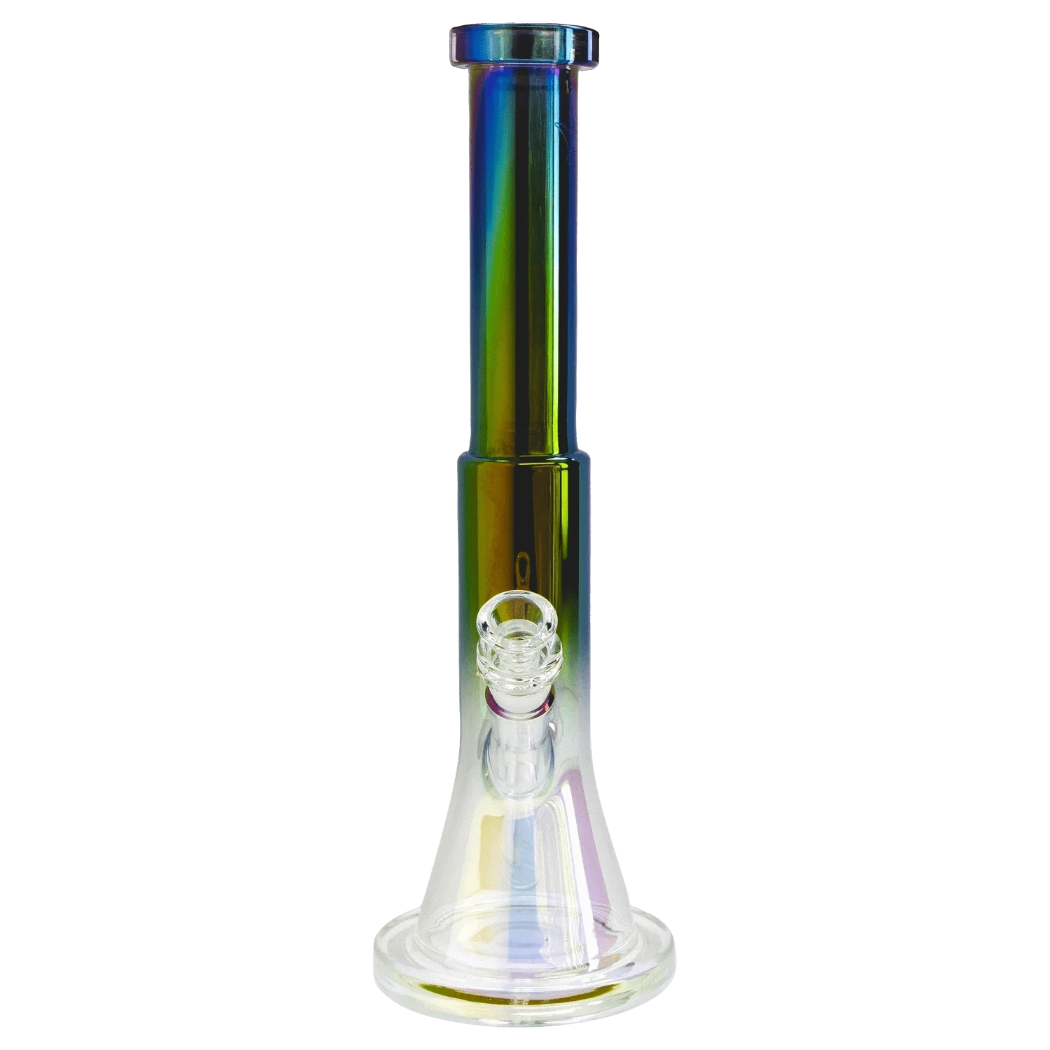 Straight-on view of the Queen of Bud Black Obsidian Dual Use Bong - 14 in., showing its iridescent black neck and clear beaker base against a plain background