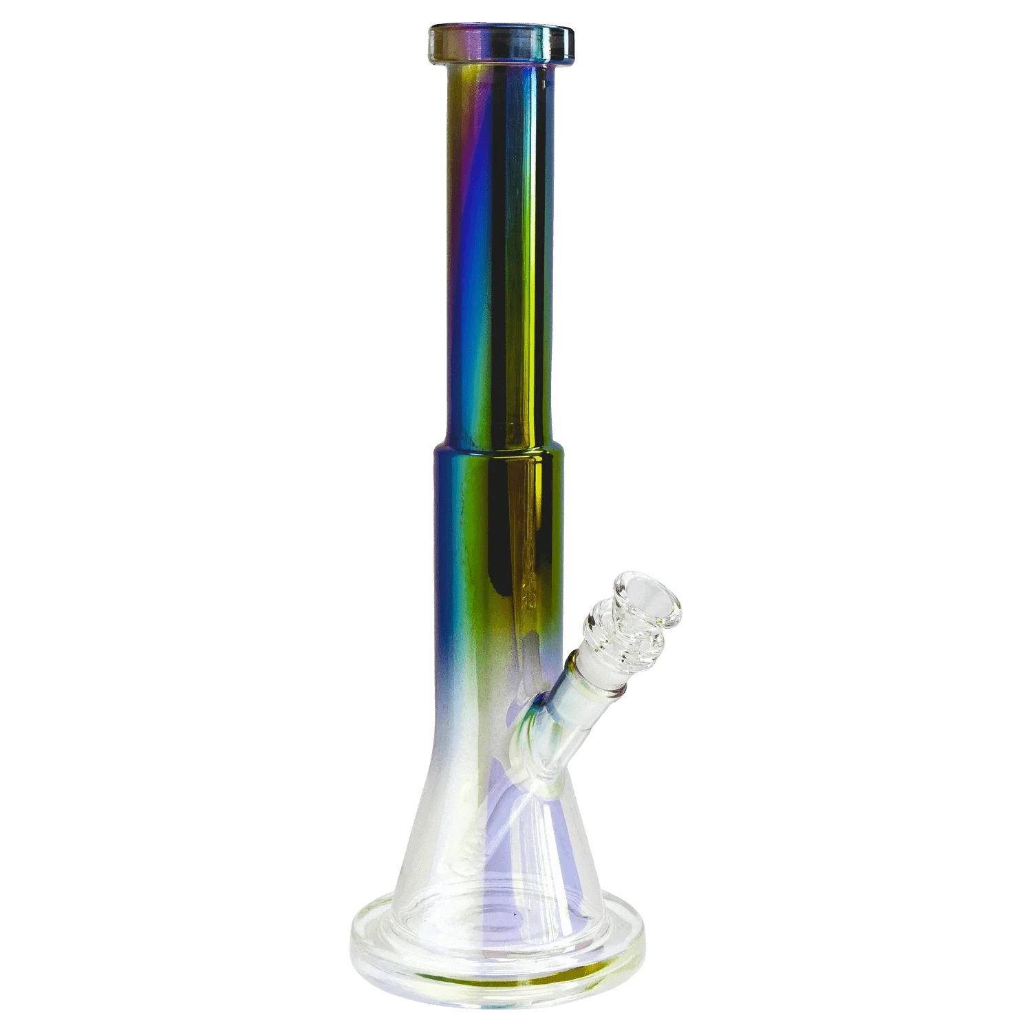 Front view of the iridescent Queen of Bud Black Obsidian Dual Use Bong - 14 in. showing its tall straight neck, angled clear joint, and beaker base.
