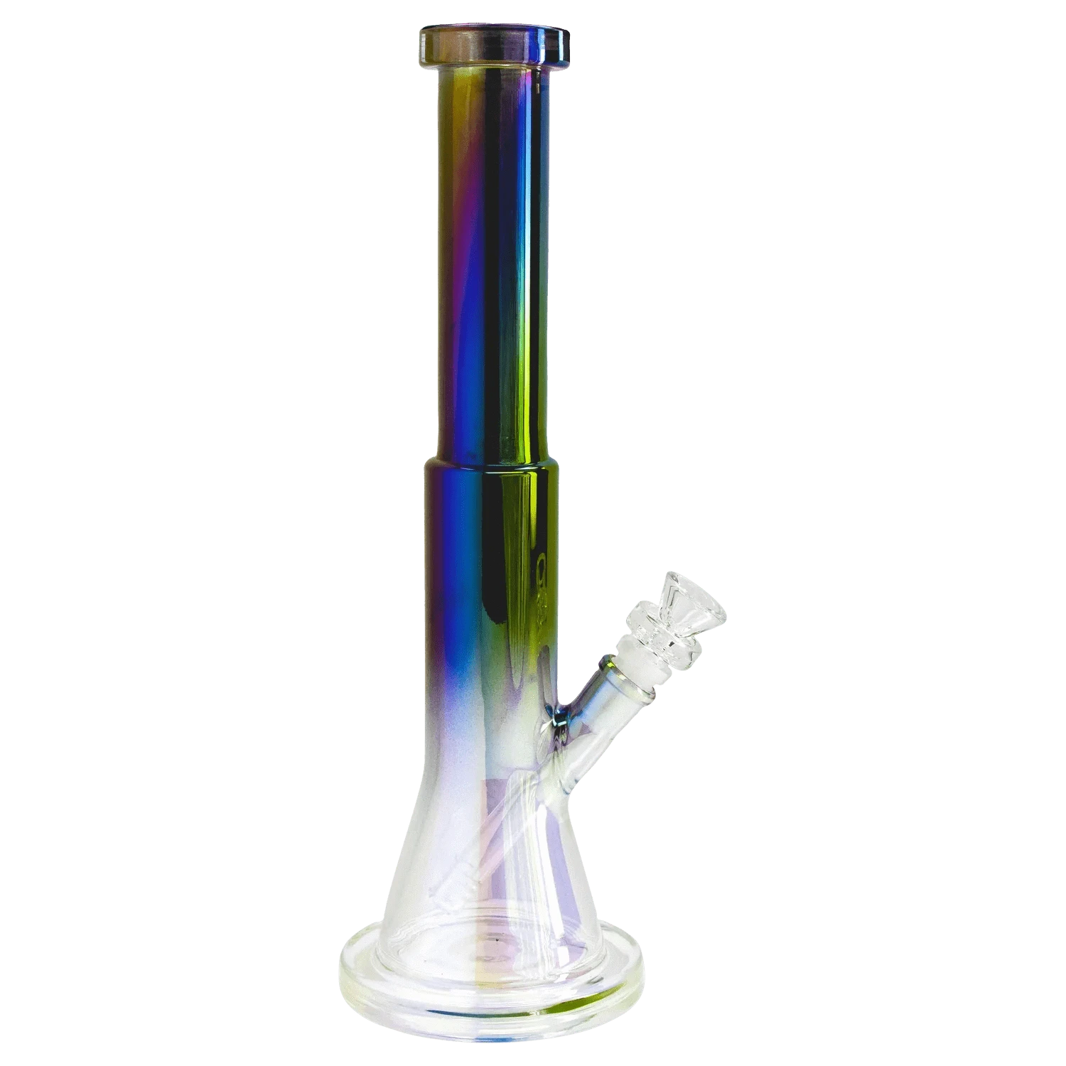Straight-on view of the Queen of Bud Black Obsidian Dual Use Bong - 14 in. showing its iridescent black neck and clear beaker base.