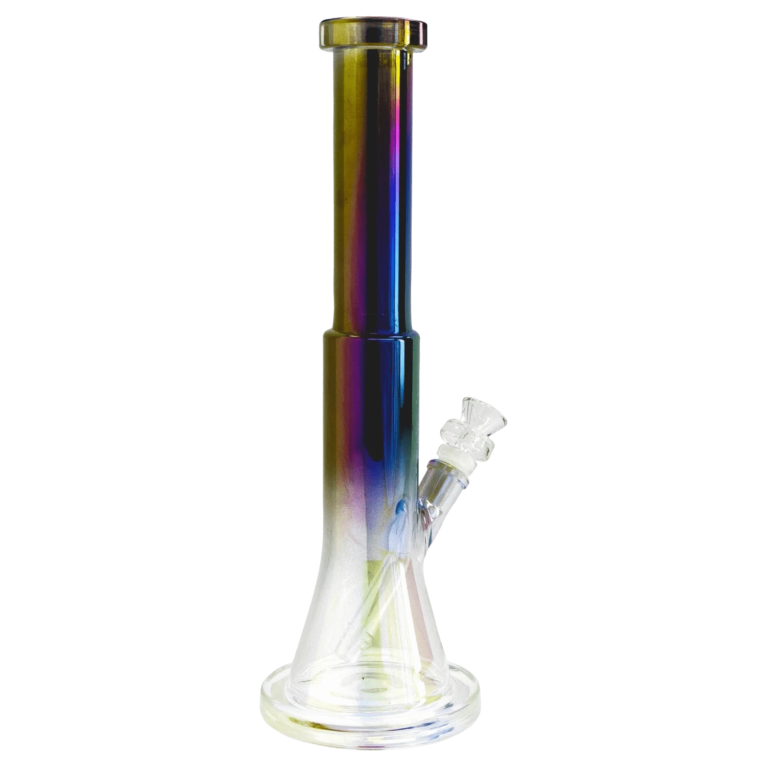 Vertical close-up of the Queen of Bud Black Obsidian Dual Use Bong - 14 in., showing its iridescent black neck and clear beaker base from a front angle.