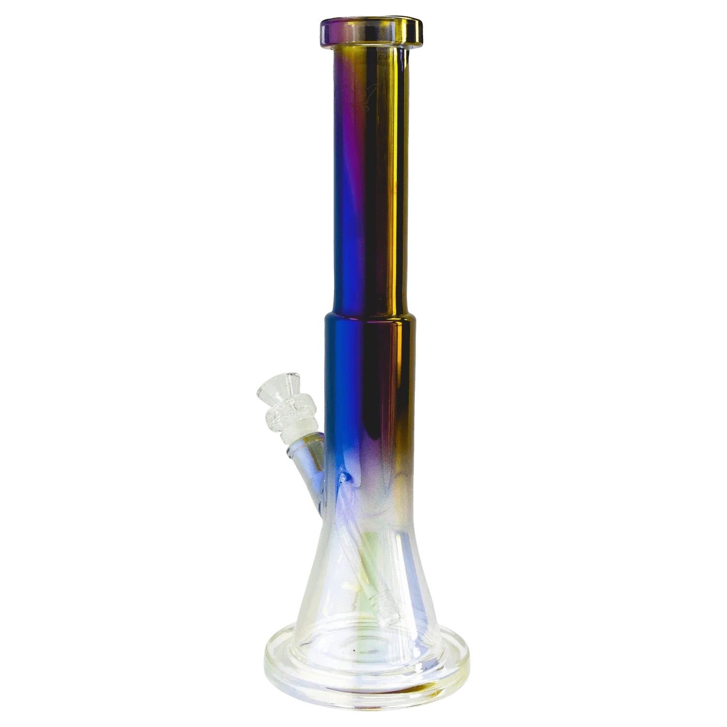 Close-up front view of the Queen of Bud Black Obsidian Dual Use Bong - 14 in., showing its iridescent black-to-blue straight tube and clear beaker base on a plain background