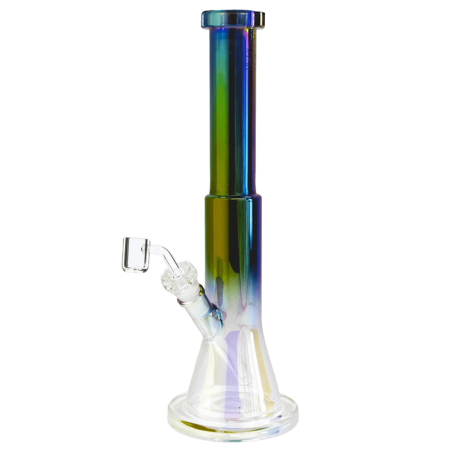 Straight-on view of the Queen of Bud Black Obsidian Dual Use Bong - 14 in., showing its iridescent black obsidian neck and clear beaker base with attached glass joint.