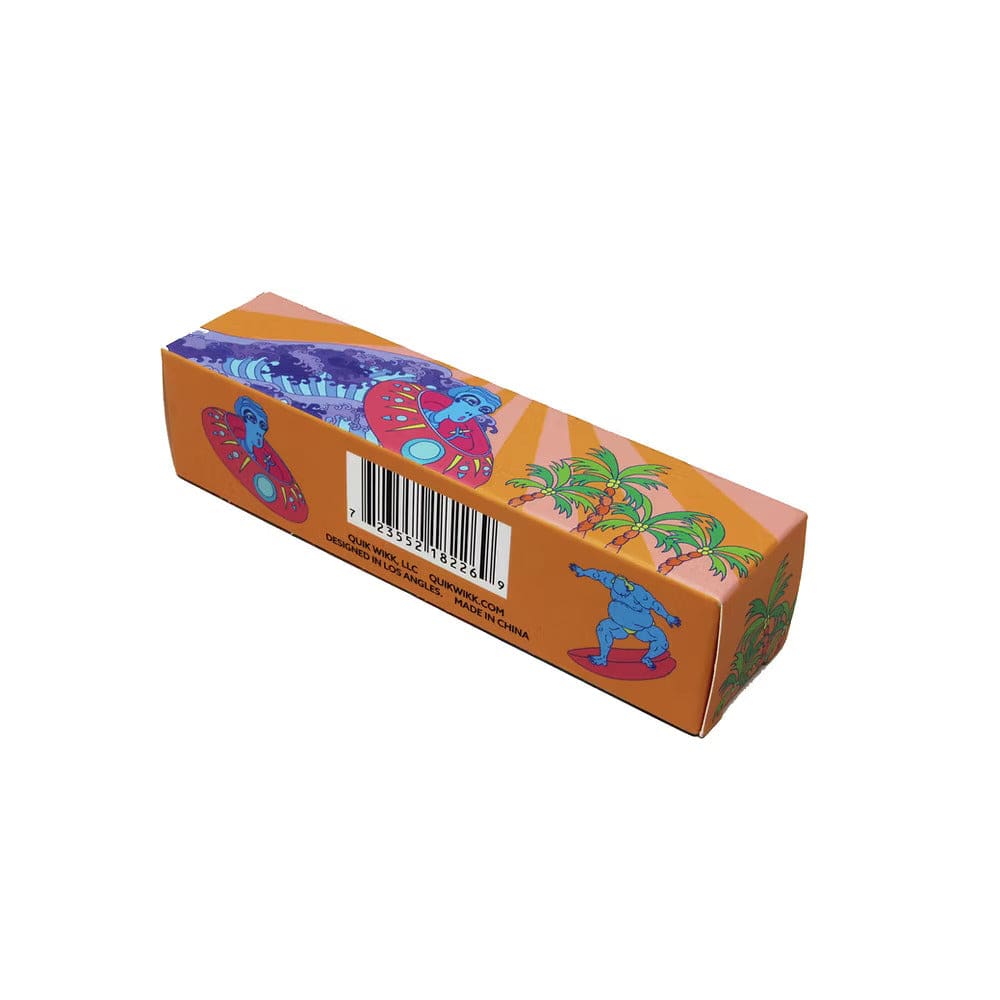 Angled view of the orange 110mm Rolling Machine Smoke Bloo Alien by Quik Wikk box showing colorful blue alien and palm tree illustrations and a barcode.